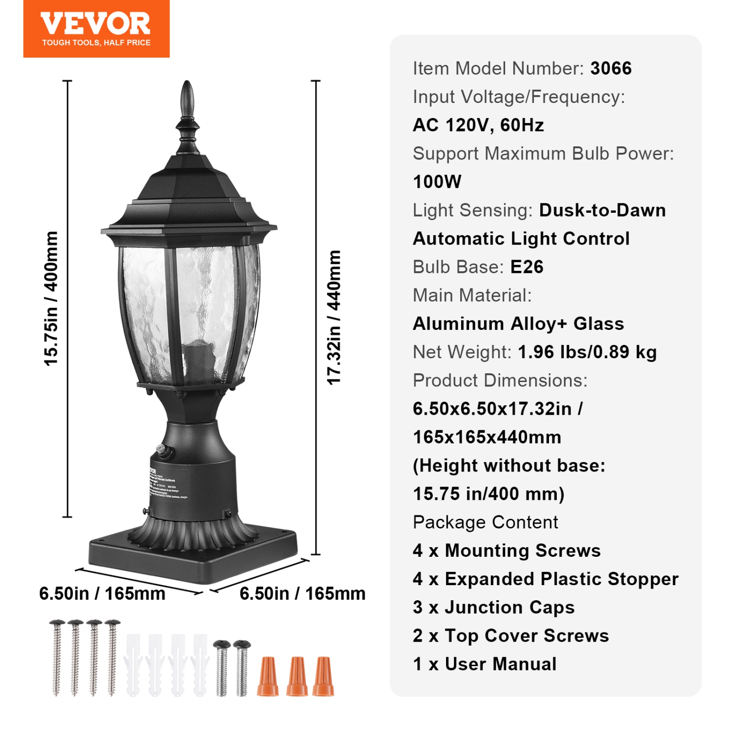 VEVOR 15.75 in Height Dusk to Dawn Outdoor Post Light, Waterproof Lamp Post Light Fixture with 5.5 in Pier Mount Base Glass Shade, Lightning-proof