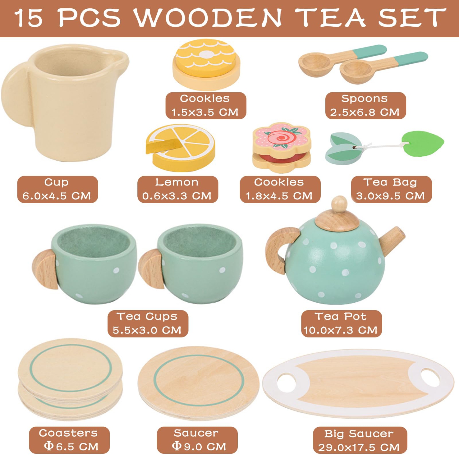Ensemble à thé en bois, accessoires de jeu de rôle, ensemble de jouets de cuisine, cadeau de Noël et d'anniversaire pour garçons et filles de 3-5 ans