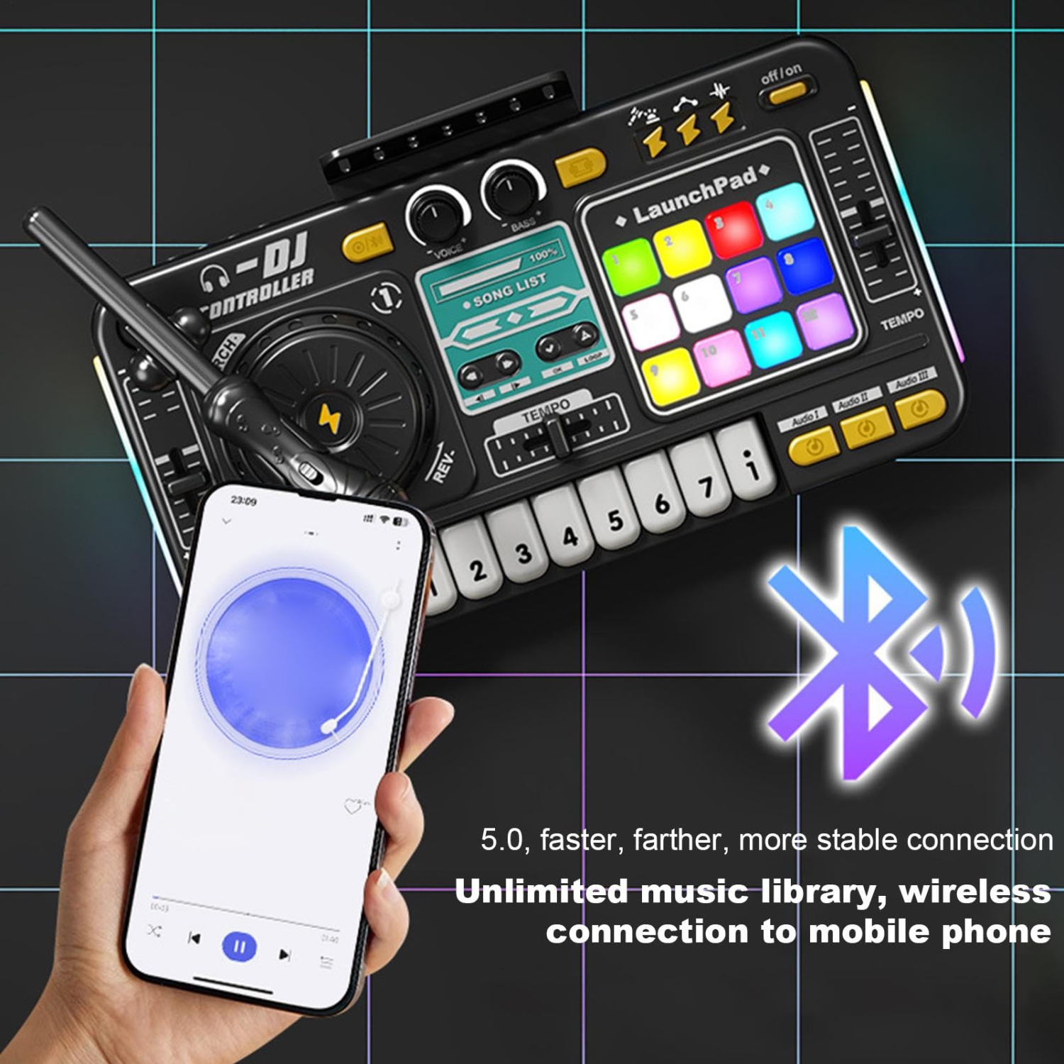 DJ Mixer, Portable Bluetooth Music Stimulation Instrument with Microphone, Music Toy for Boys and Girls