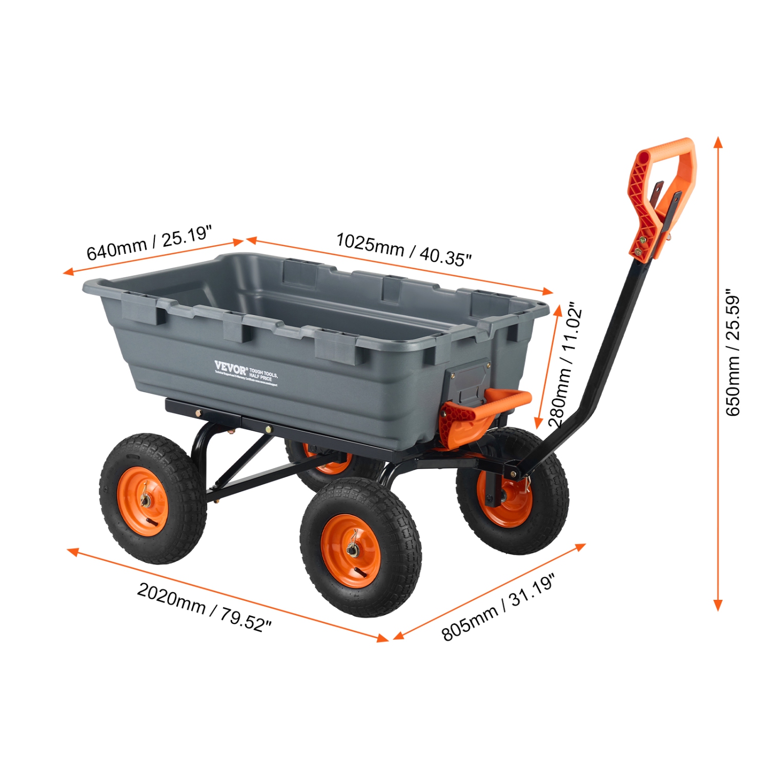 VEVOR 6.48 cu.ft Garden Cart, Durable Poly Dump Cart with Simple Assembly Steel Frame, Versatile Dump Wagon with Dual-Function Handle, 1200 lbs Load
