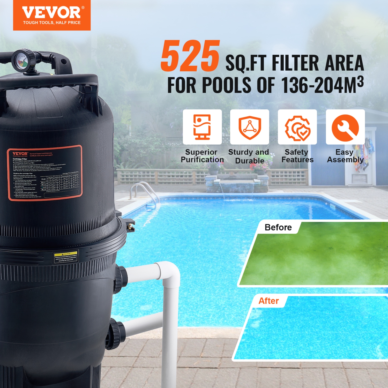 VEVOR 525Sq. Ft Cartridge Pool Filter, Filter Area Inground Pool Filter, Above Ground Swimming Pool Filtration Filter System with Upgrade Filter