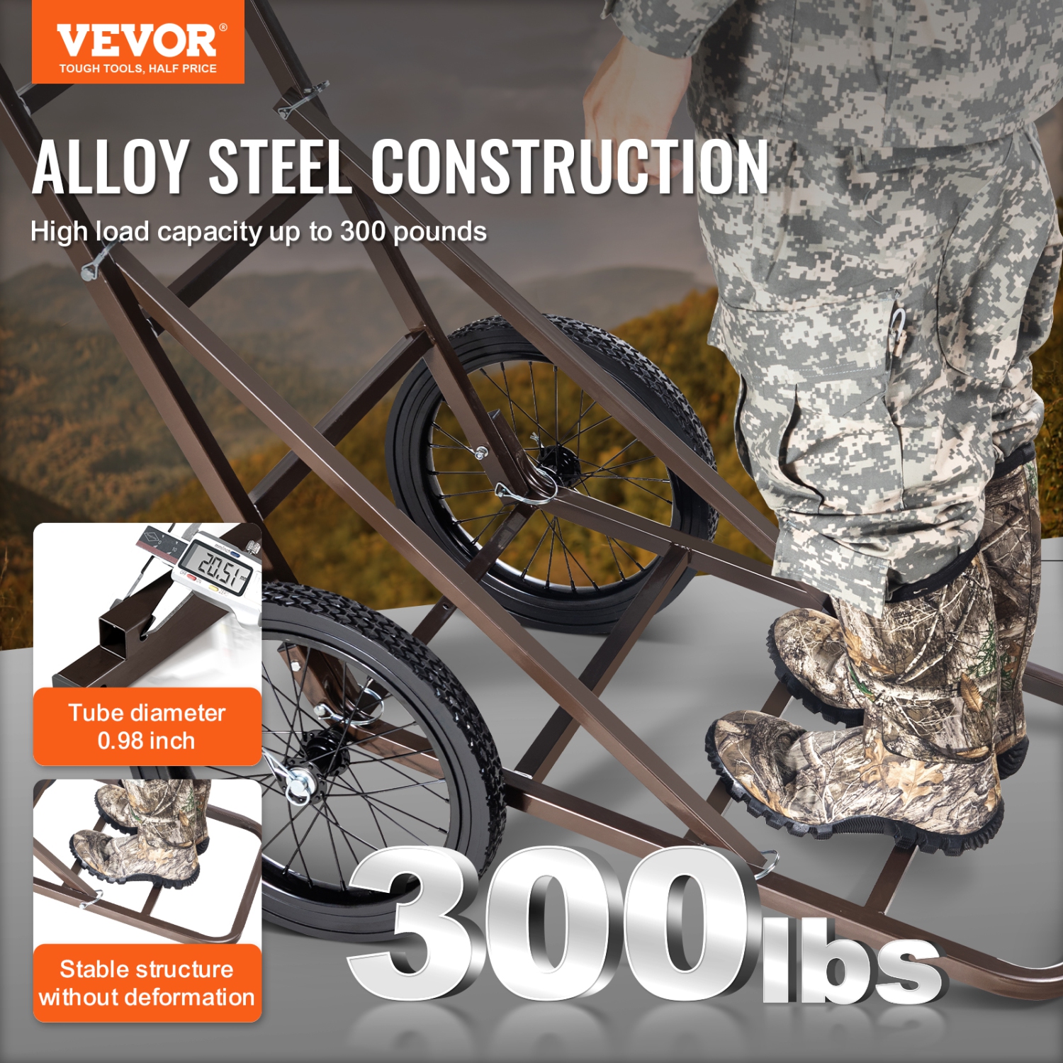 VEVOR 300 LBS Capacity Folding Game Deer Cart, Deer Cart Game Hauler with Big Rubber Wheels & Ergonomic Handle,Game Cart Accessories, Utility Gear