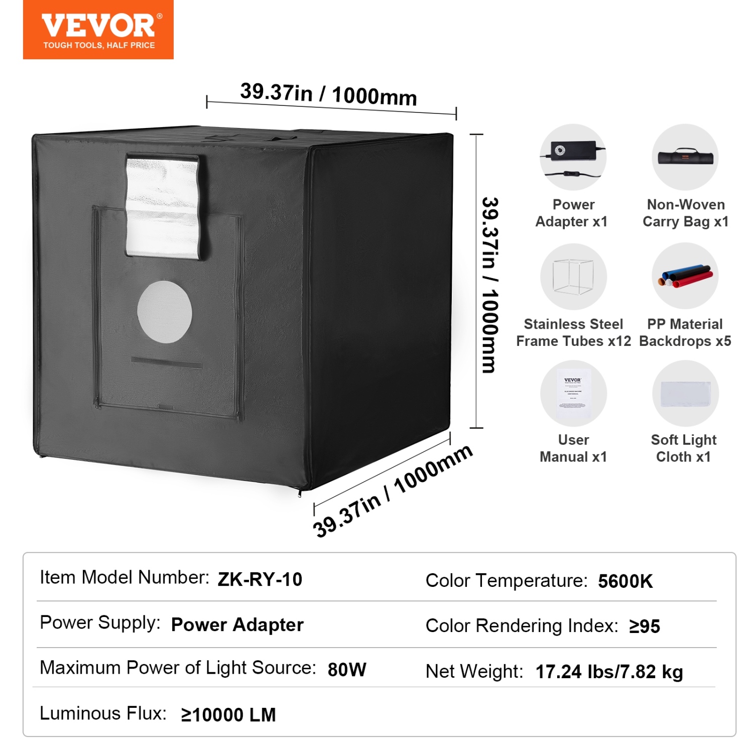 VEVOR 39" x 39" Photo Studio Light Box, 5600K Professional Photo Shooting Tent Kit with 210 LED Lights 5 Backdrops Power Adapter Soft Light Cloth