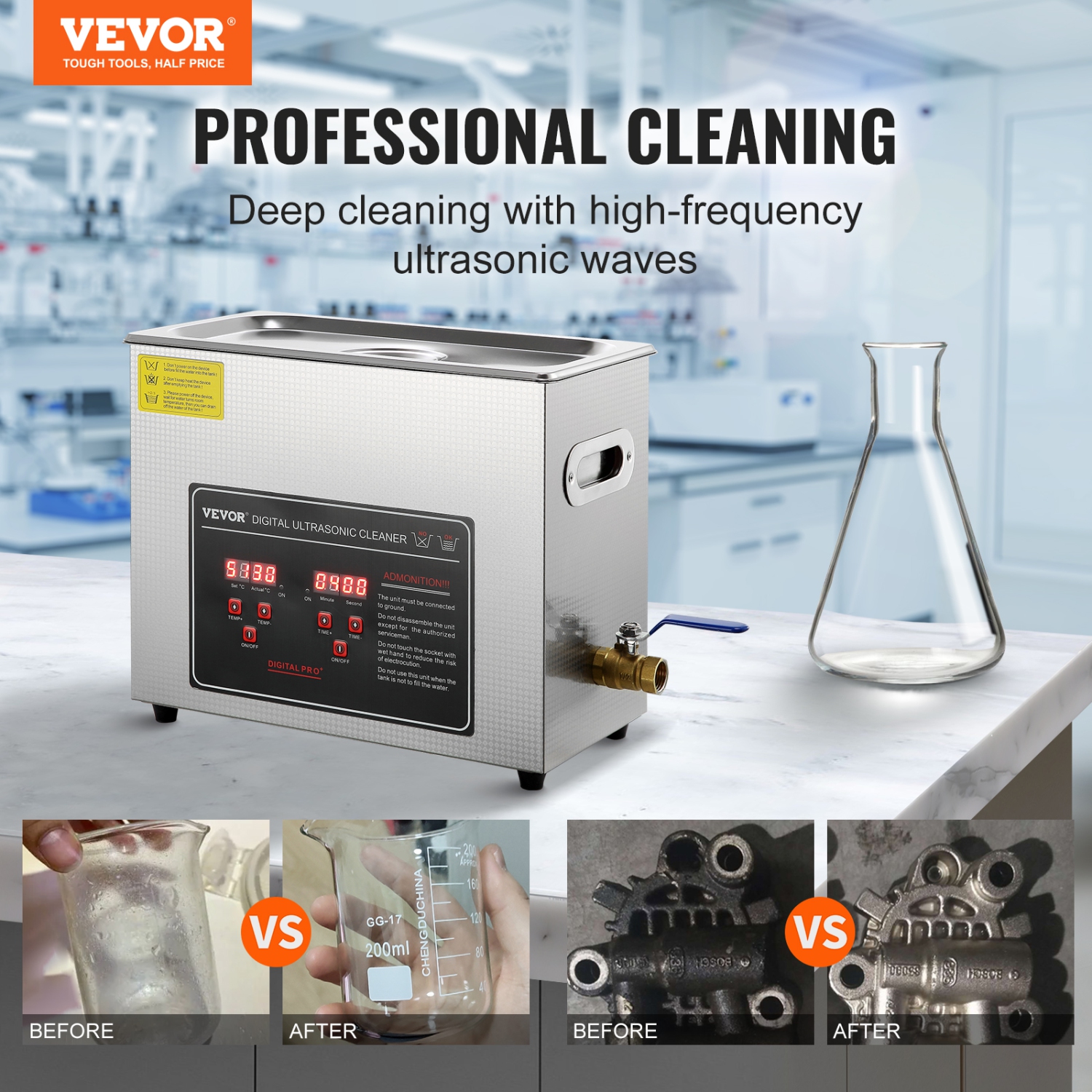 VEVOR Ultrasonic Cleaner with Digital Timer & Heater, Professional Ultra Sonic Jewelry Cleaner, Stainless Steel Heated Cleaning Machine for Glasses