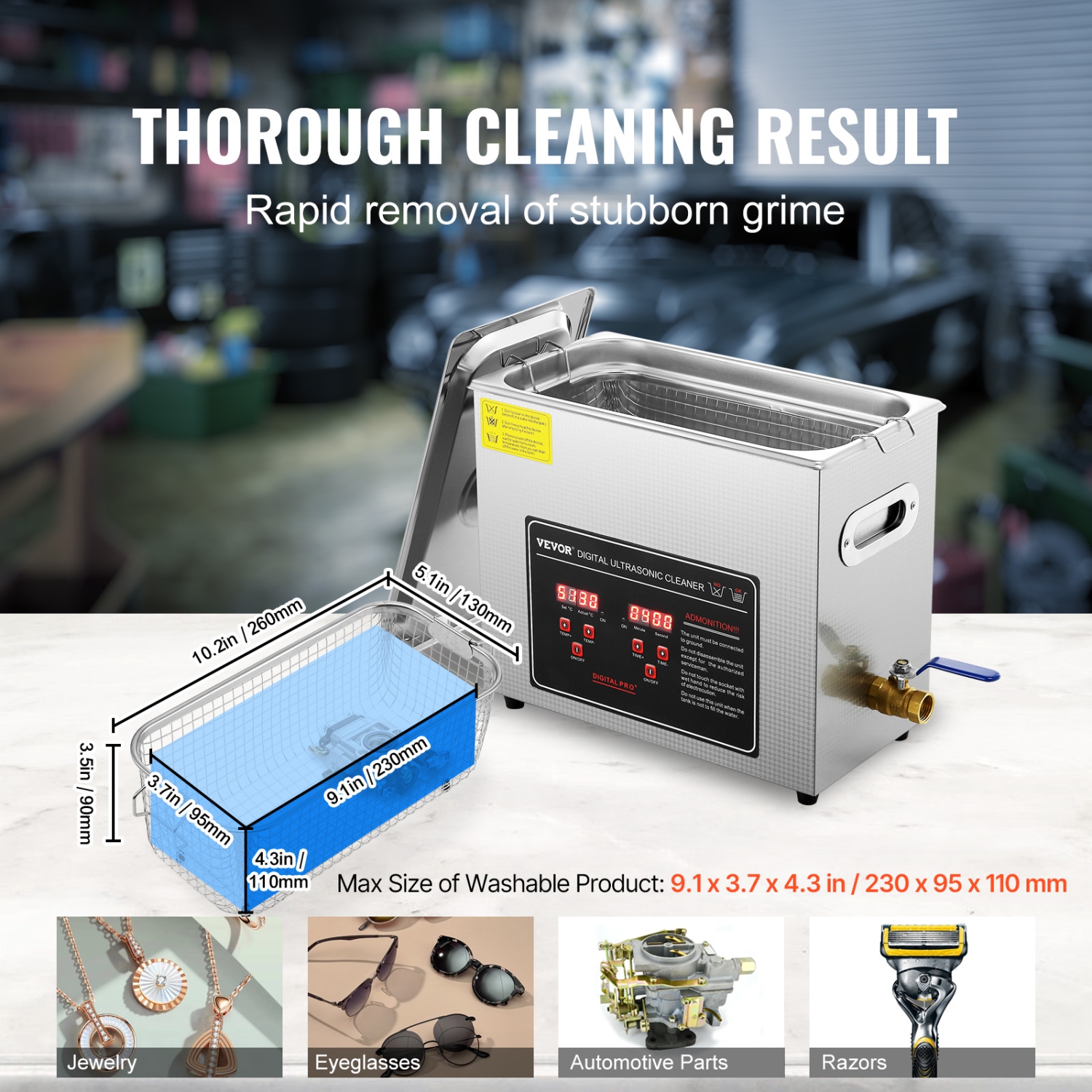 VEVOR Ultrasonic Cleaner with Digital Timer & Heater, Professional Ultra Sonic Jewelry Cleaner, Stainless Steel Heated Cleaning Machine for Glasses
