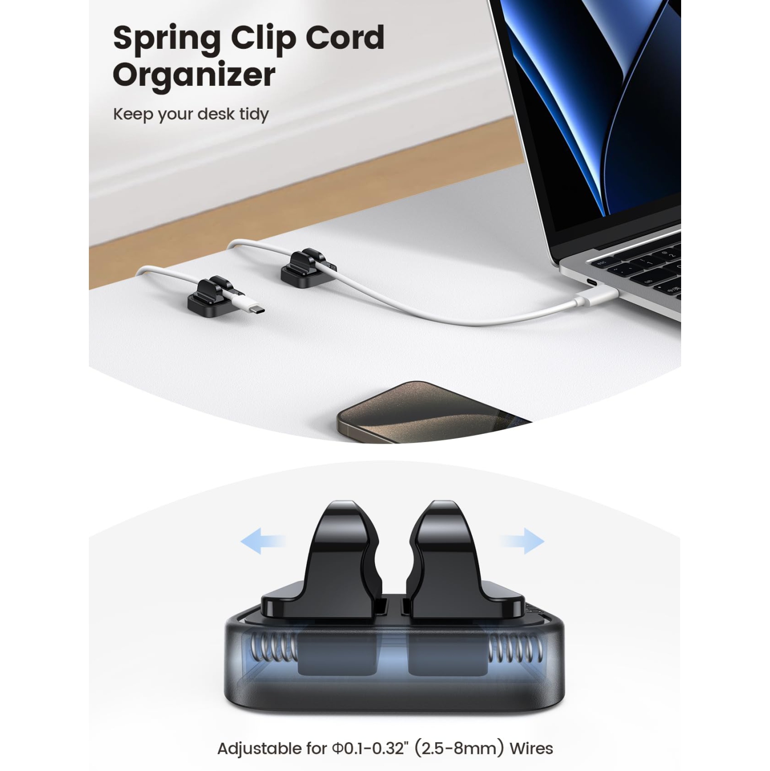 5 Pack Cable Spring Holder Clips, Cord Organizer for Desk - Adjustable Cord Clip, Wire Holder Organizer, Phone USB Charger Cable Holder