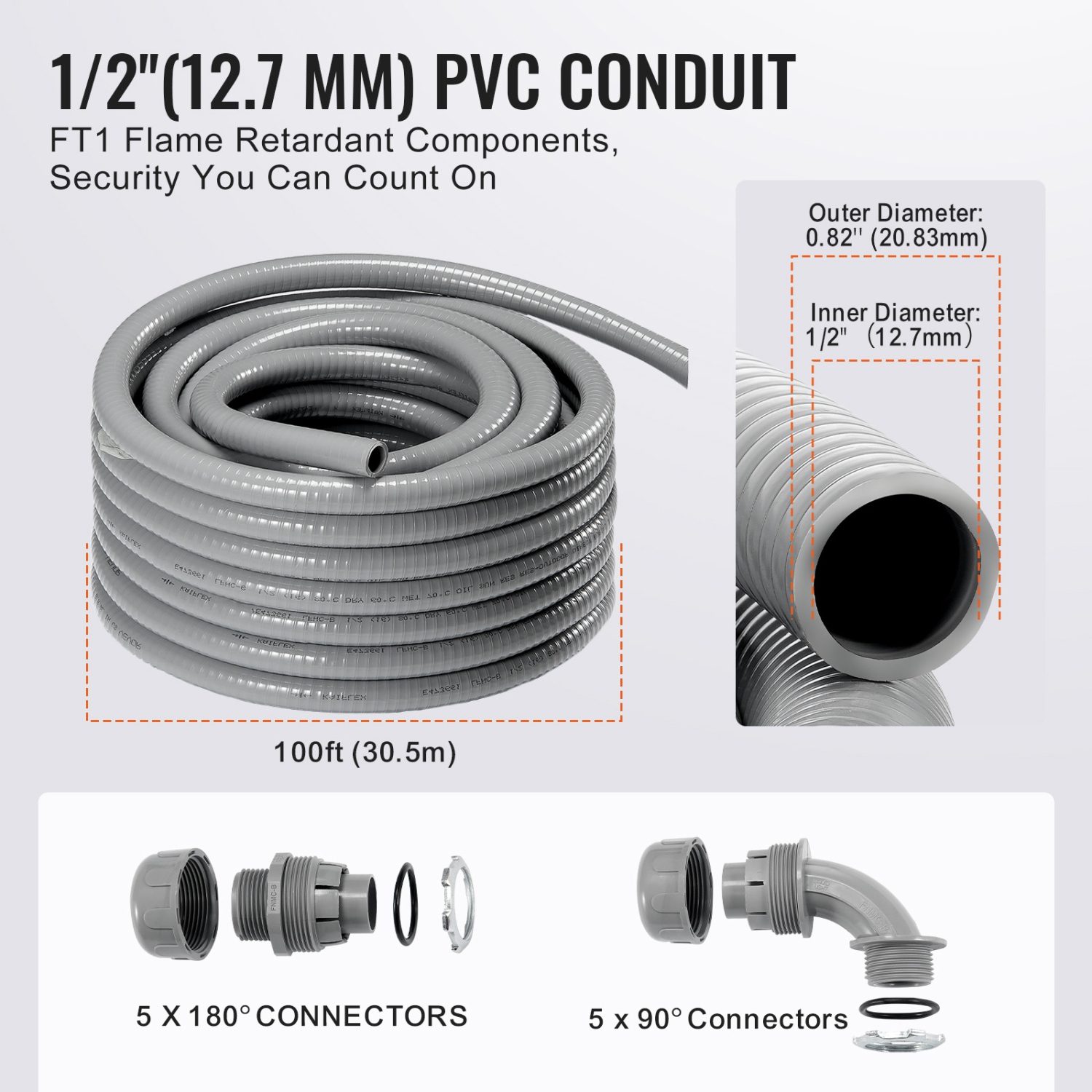 Conduit électrique souple VEVOR 1/2-Inch, 100&nbsp;pi, PVC, conduit étanche non métallique avec 5 raccords de raccord à conduit droit et 5 90 degrés,