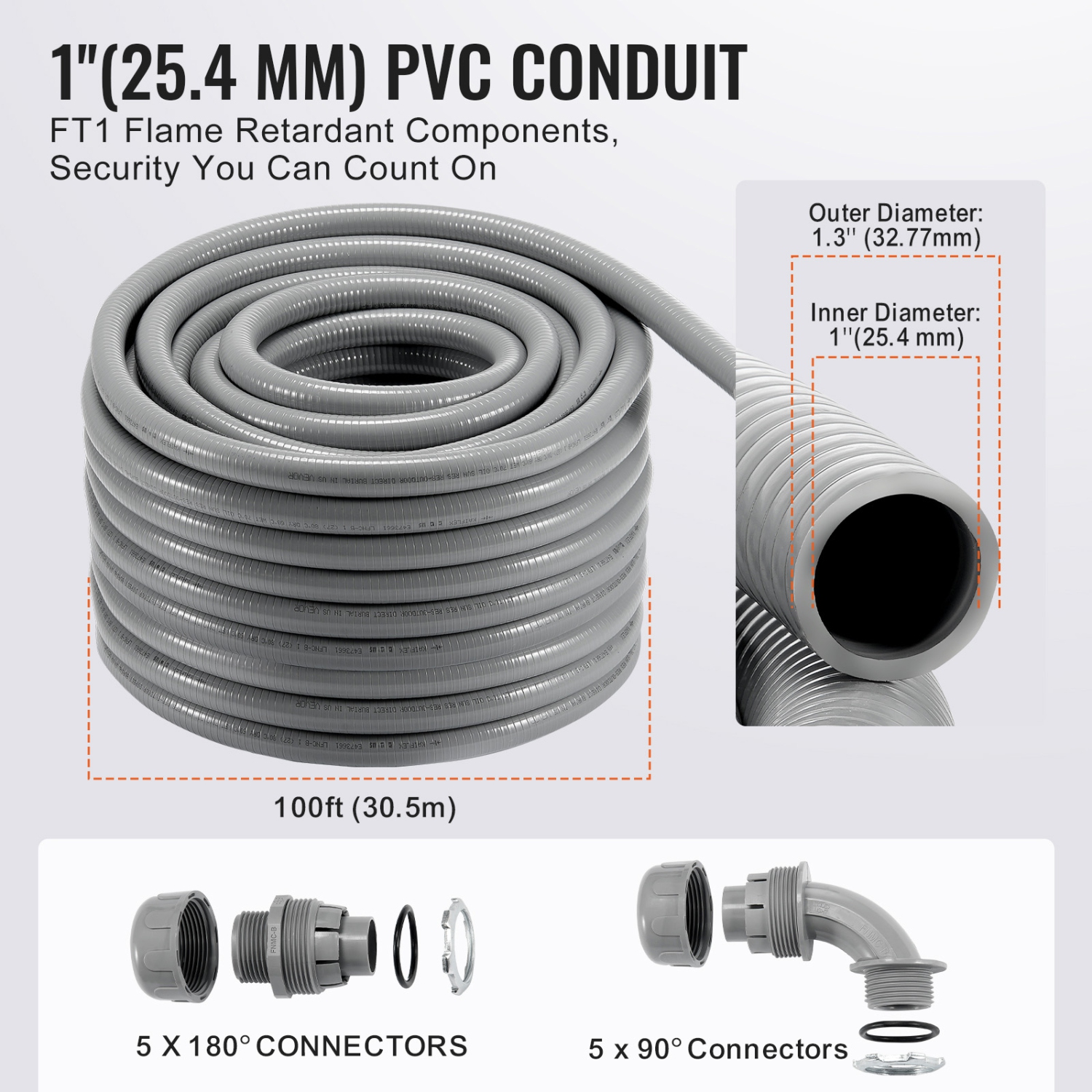 Conduit électrique souple VEVOR de 1&nbsp;po, 100&nbsp;pi, PVC, conduit étanche non métallique avec 5 raccords de raccord à conduit droit et 5 90