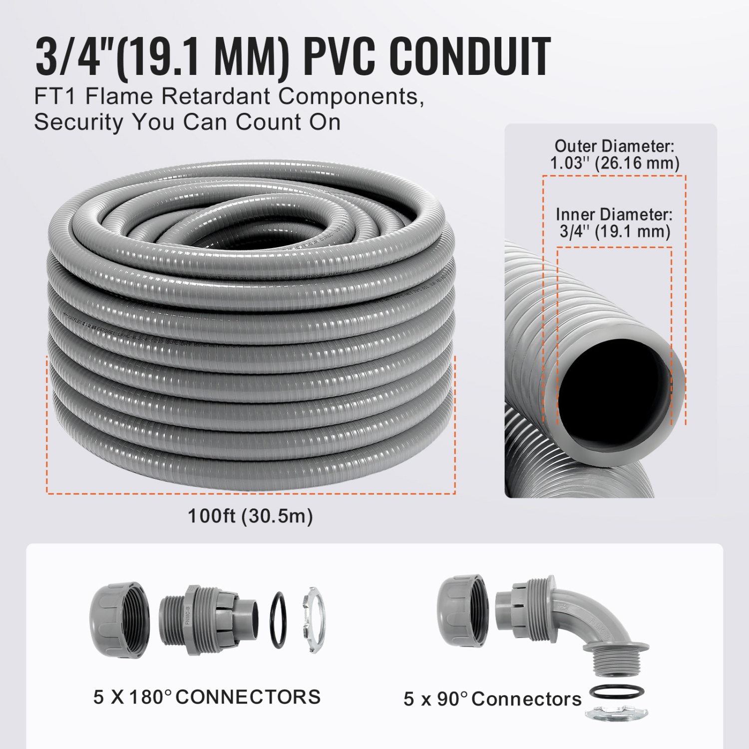 Conduit électrique souple VEVOR 3/4-Inch, 100&nbsp;pi, PVC, conduit étanche non métallique avec 5 raccords de raccord à conduit droit et 5 90 degrés,
