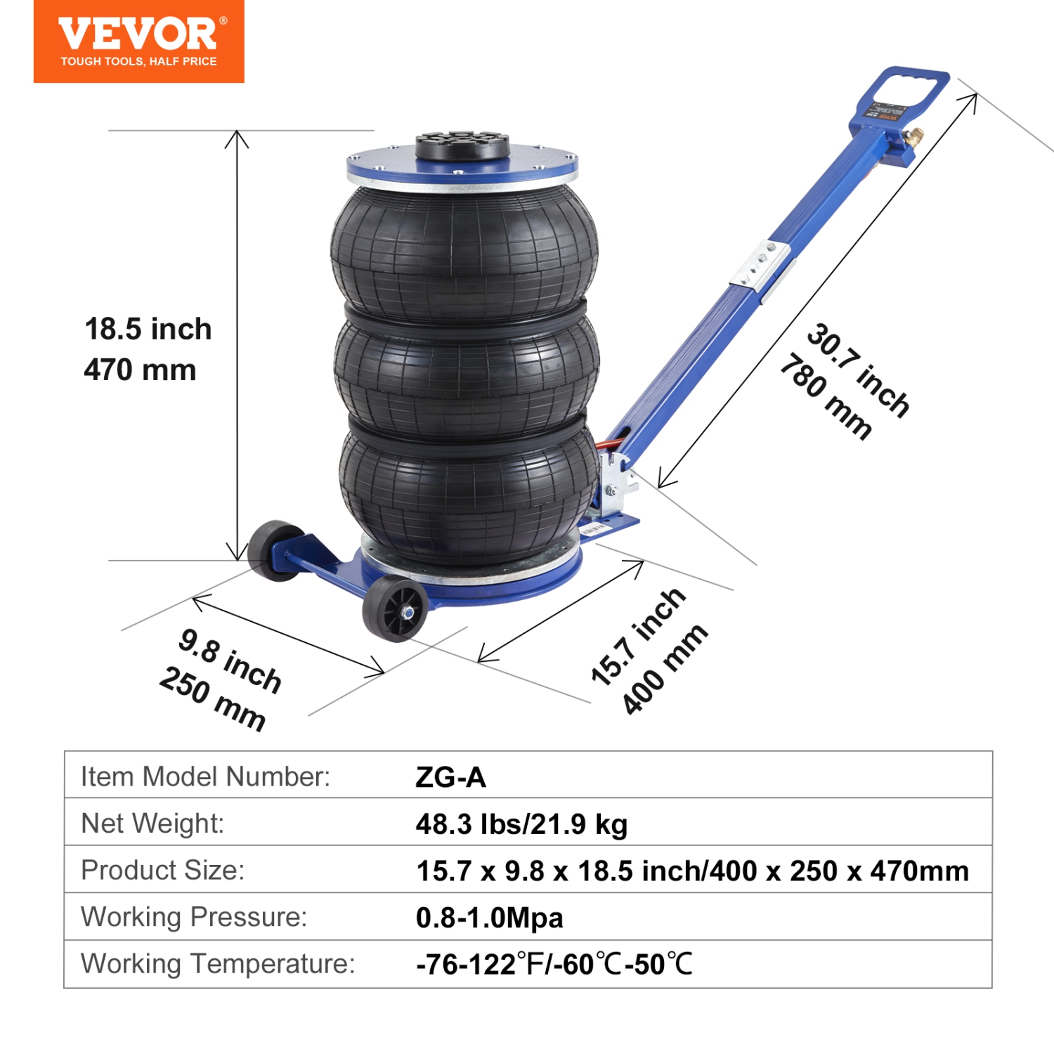 VEVOR 5 Ton/11000 lbs Triple Bag Air Jack,Airbag Jack with Six Steel Pipes,Lift up to 18.5 inch/470 mm,3-5 s Lifting Pneumatic Jack, with Adjustable