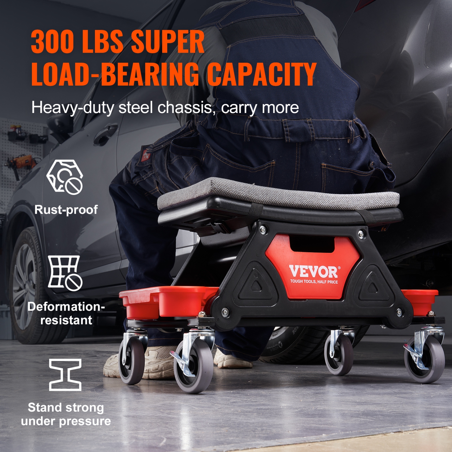 VEVOR 300 LBS Capacity Rolling Mechanic Seat with 4" Wheels, with Three Slide Out Tool Trays and Drawer, Heavy Duty Roller Creeper Seat for Home