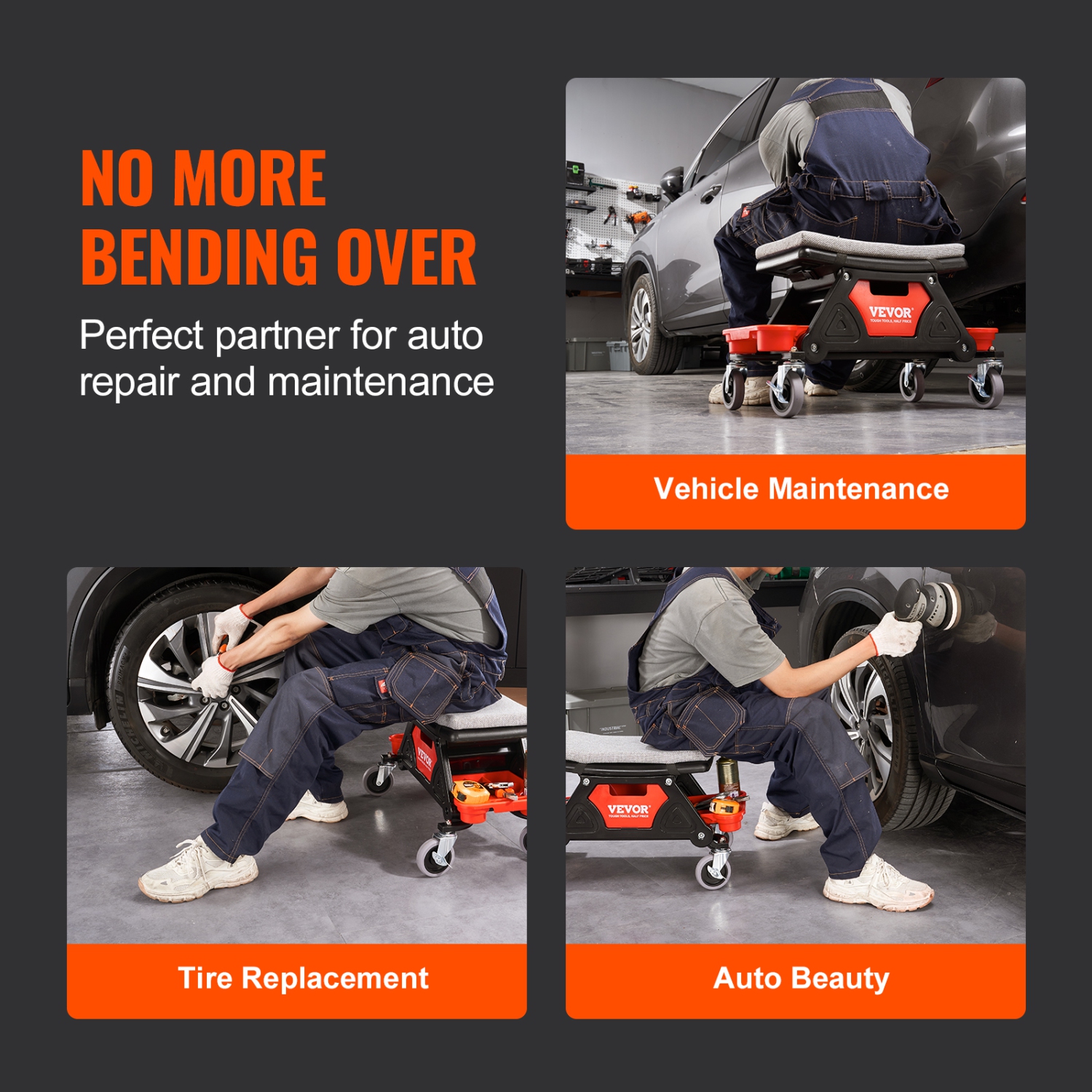 VEVOR 300 LBS Capacity Rolling Mechanic Seat with 4" Wheels, with Three Slide Out Tool Trays and Drawer, Heavy Duty Roller Creeper Seat for Home