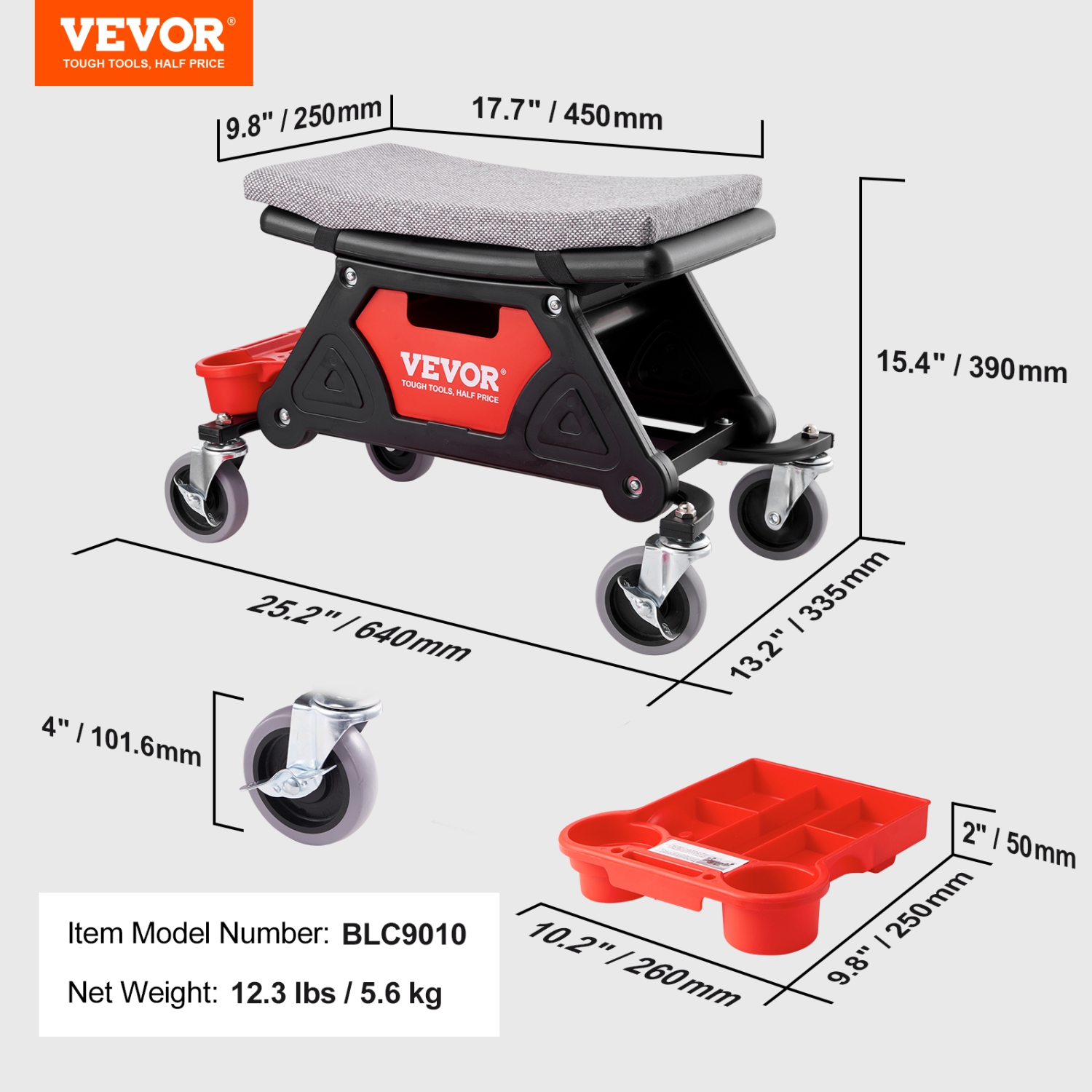 VEVOR 300 LBS Capacity Rolling Mechanic Seat with 4" Wheels, with Three Slide Out Tool Trays and Drawer, Heavy Duty Roller Creeper Seat for Home