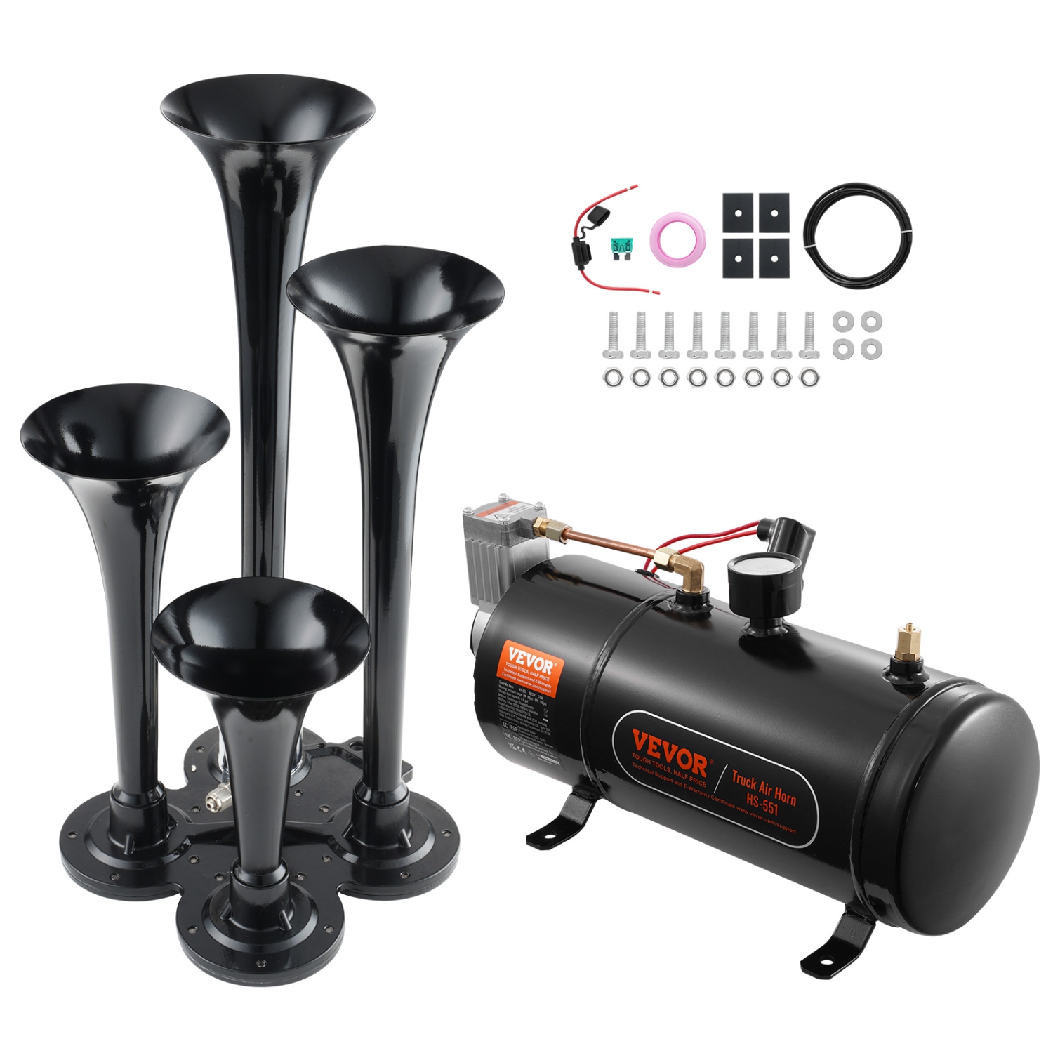 VEVOR 4 Trumpet Train Air Horn Kit, 150dB Train Horns for Pickup Trucks, 12V 120 psi Air Compressor 0.8 Gal/3 L Tank with Gauge for Any 12V Vehicle