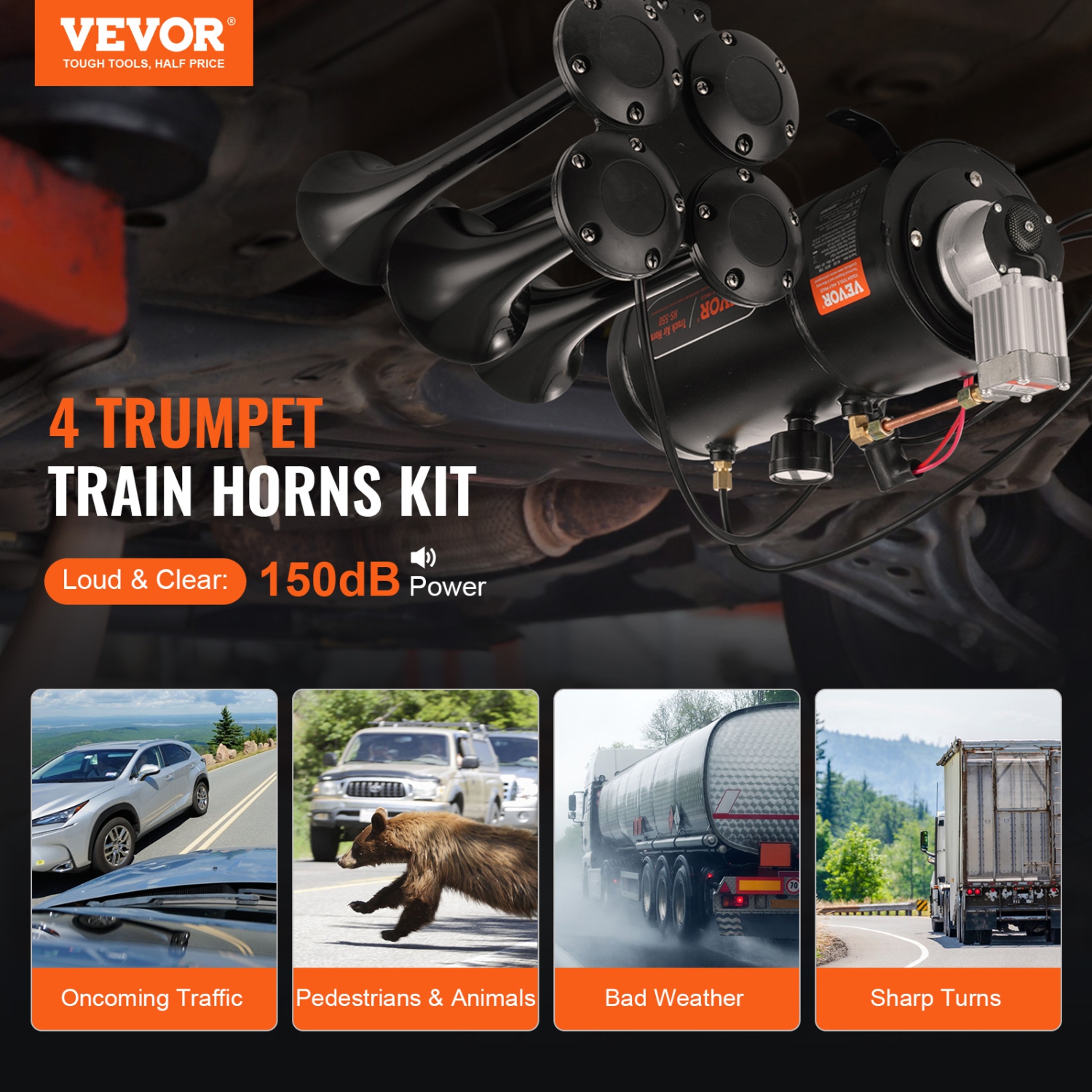 VEVOR 4 Trumpet Train Air Horn Kit, 150dB Train Horns for Pickup Trucks, 12V 120 psi Air Compressor 0.8 Gal/3 L Tank with Gauge for Any 12V Vehicle