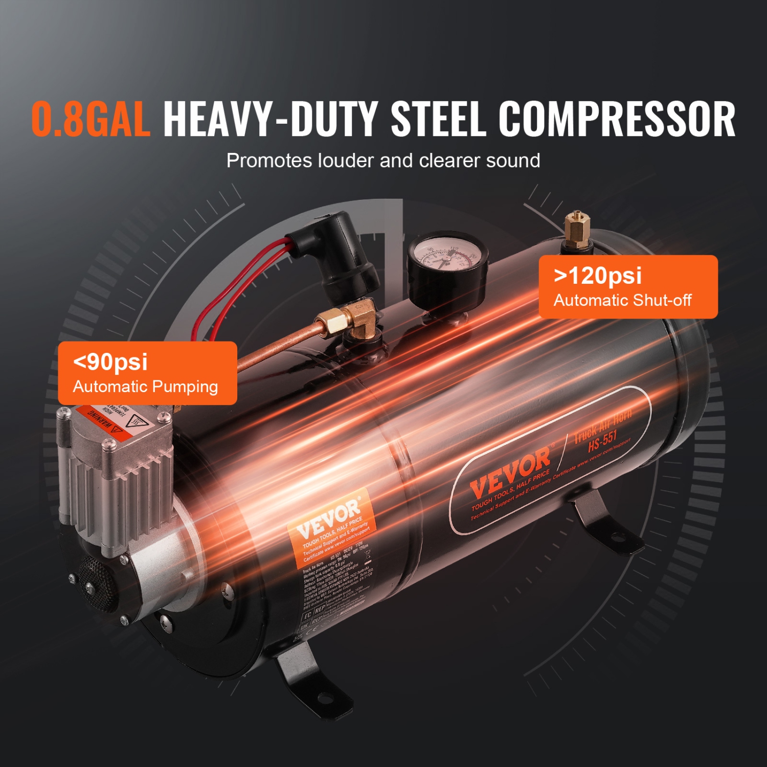 VEVOR 4 Trumpet Train Air Horn Kit, 150dB Train Horns for Pickup Trucks, 12V 120 psi Air Compressor 0.8 Gal/3 L Tank with Gauge for Any 12V Vehicle