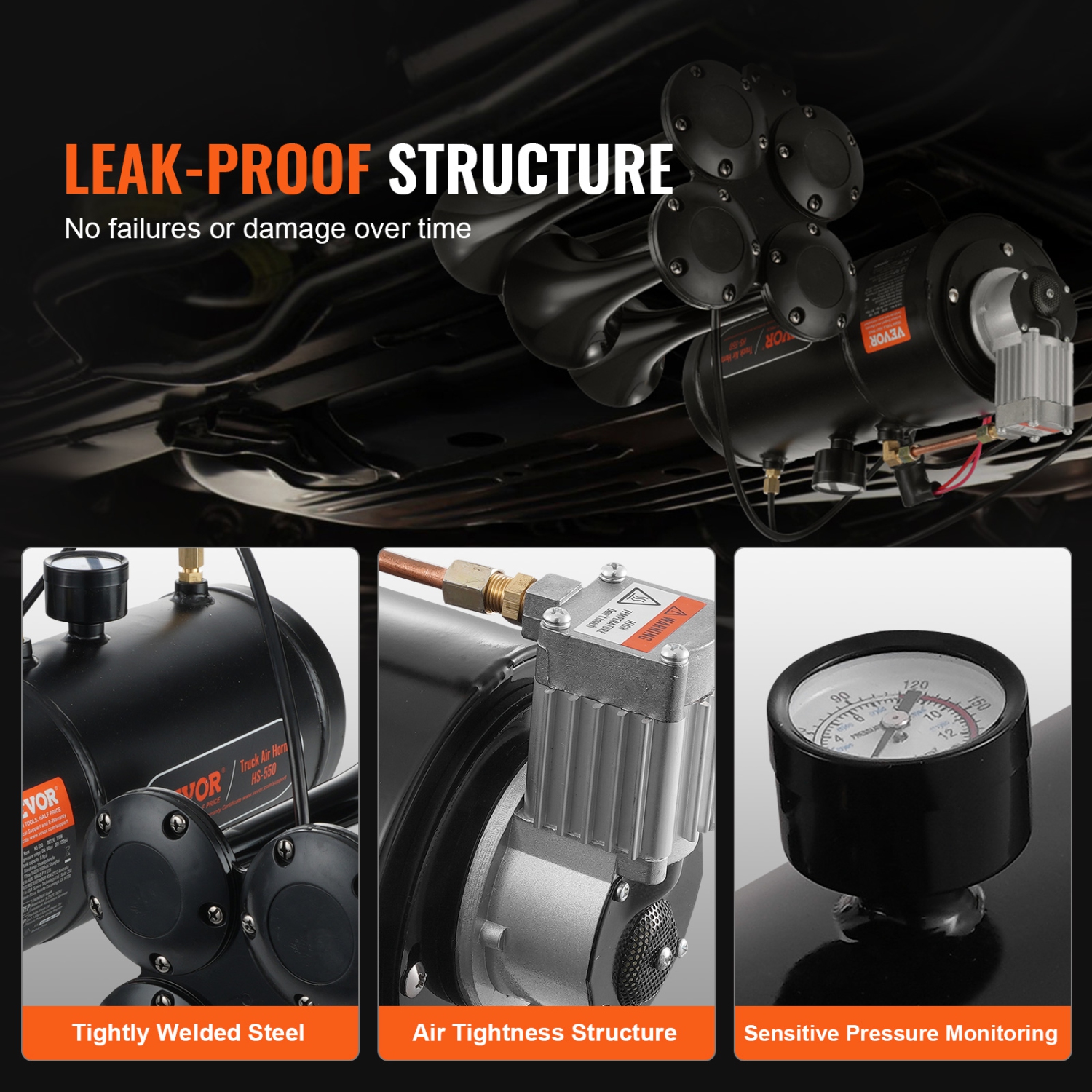 VEVOR 4 Trumpet Train Air Horn Kit, 150dB Train Horns for Pickup Trucks, 12V 120 psi Air Compressor 0.8 Gal/3 L Tank with Gauge for Any 12V Vehicle