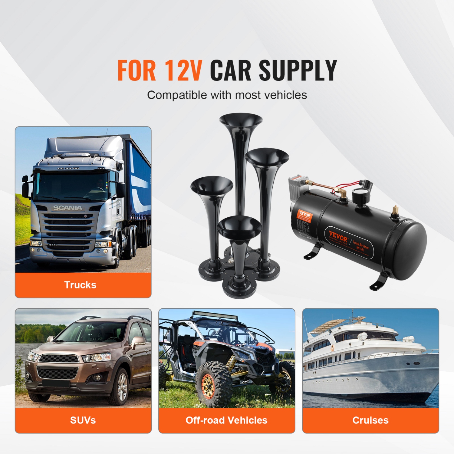 VEVOR 4 Trumpet Train Air Horn Kit, 150dB Train Horns for Pickup Trucks, 12V 120 psi Air Compressor 0.8 Gal/3 L Tank with Gauge for Any 12V Vehicle