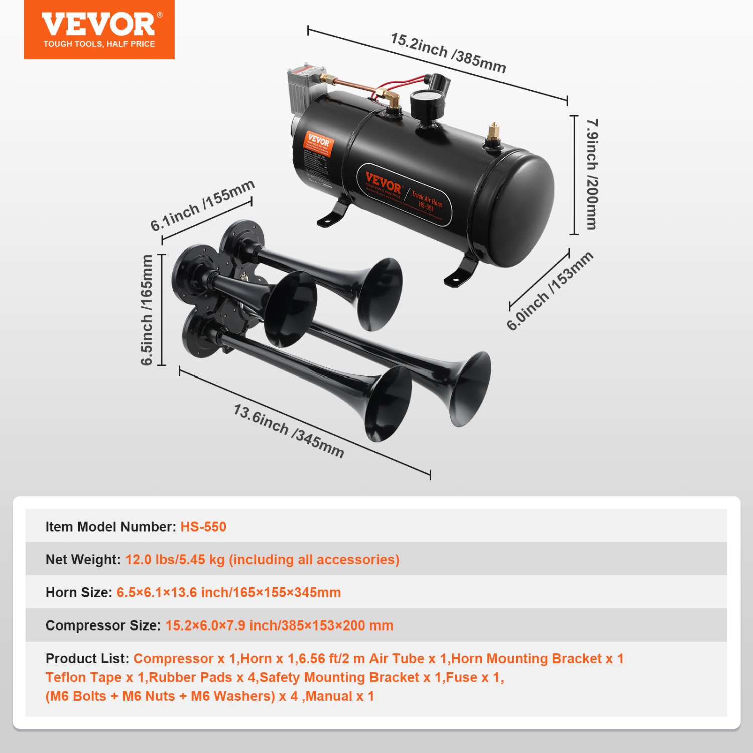 VEVOR 4 Trumpet Train Air Horn Kit, 150dB Train Horns for Pickup Trucks, 12V 120 psi Air Compressor 0.8 Gal/3 L Tank with Gauge for Any 12V Vehicle