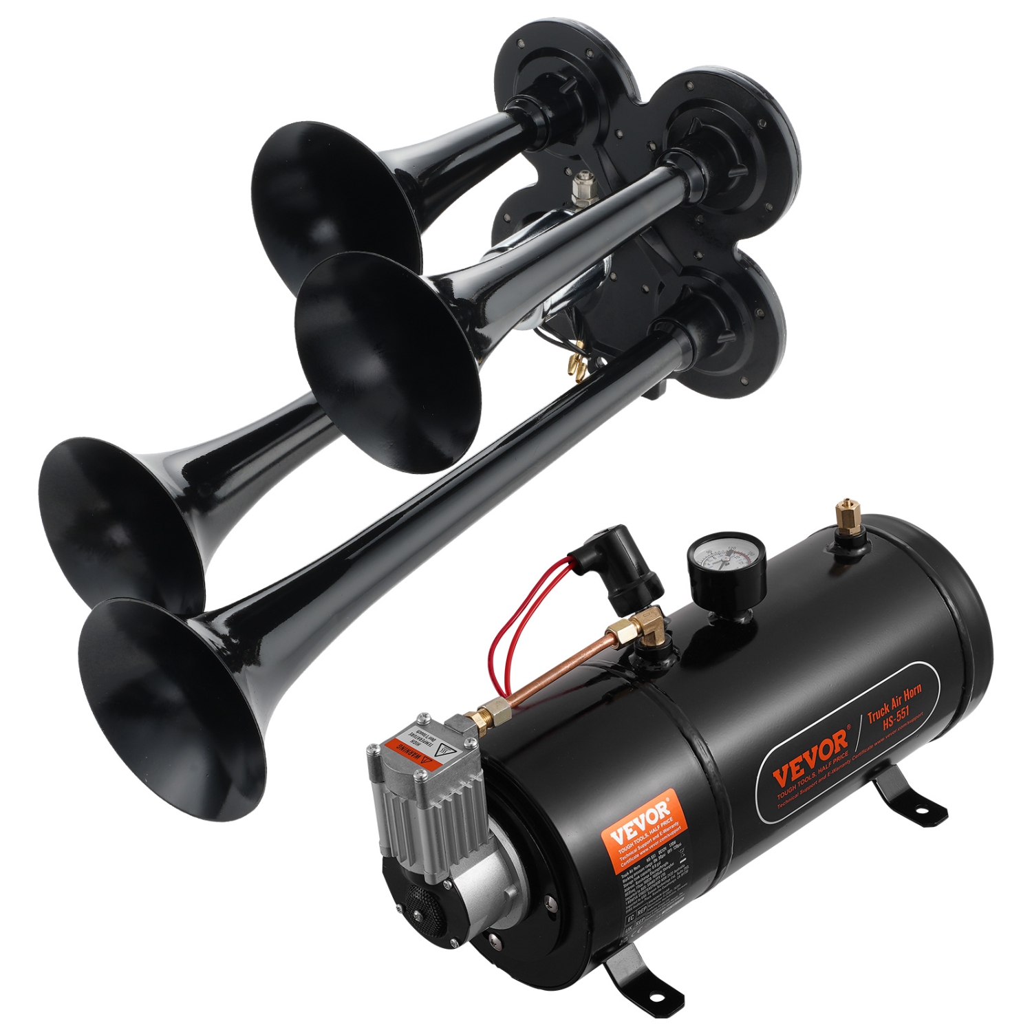 VEVOR 4 Trumpet Train Air Horn Kit, 150dB Train Horns for Pickup Trucks, 12V 120 psi Air Compressor 0.8 Gal/3 L Tank with Gauge for Any 12V Vehicle
