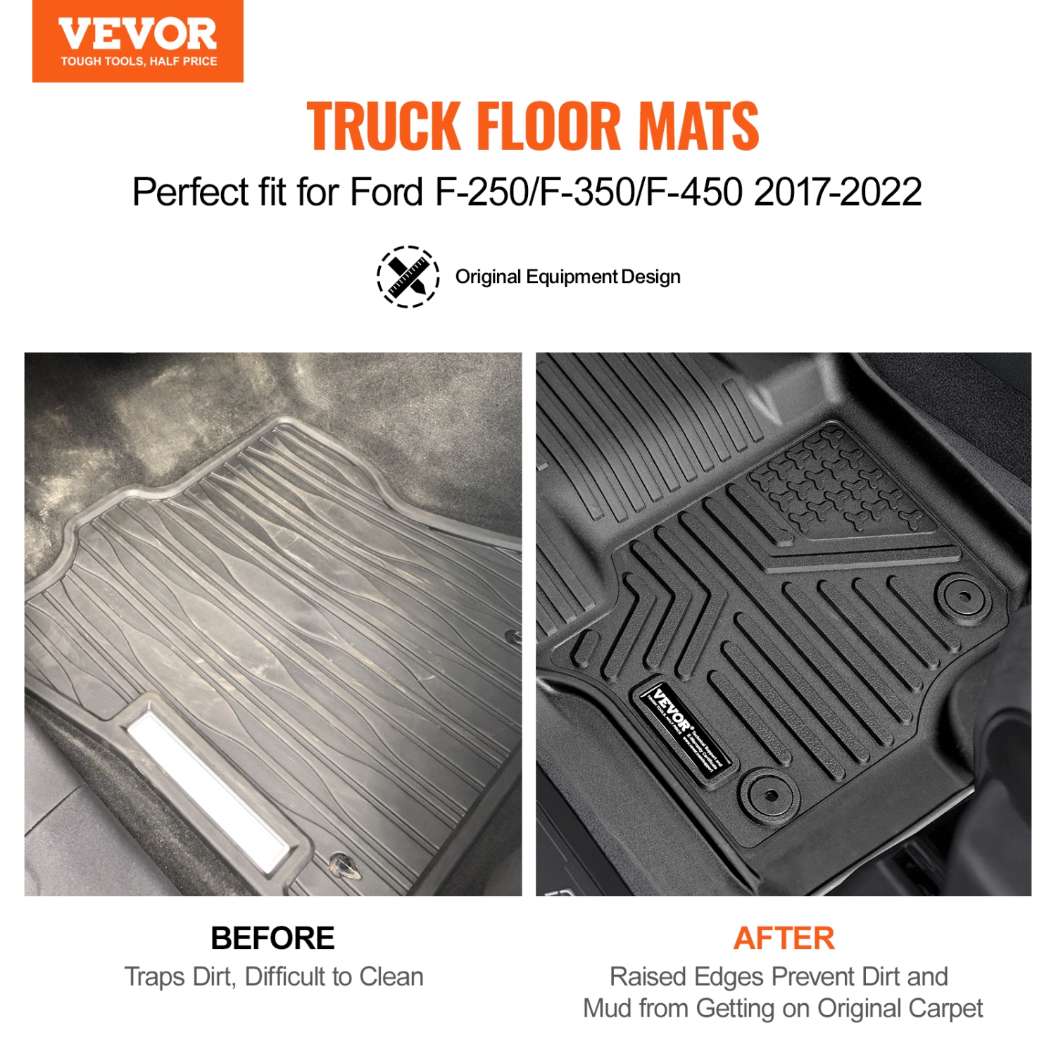 VEVOR 3 pcs Automotive Floor Mats, Fits for Ford F-250/F-350/F-450 2017-2022, Front and 2nd Row Liners, Fit TPE Vehicle Floor Mats, Easy to Clean