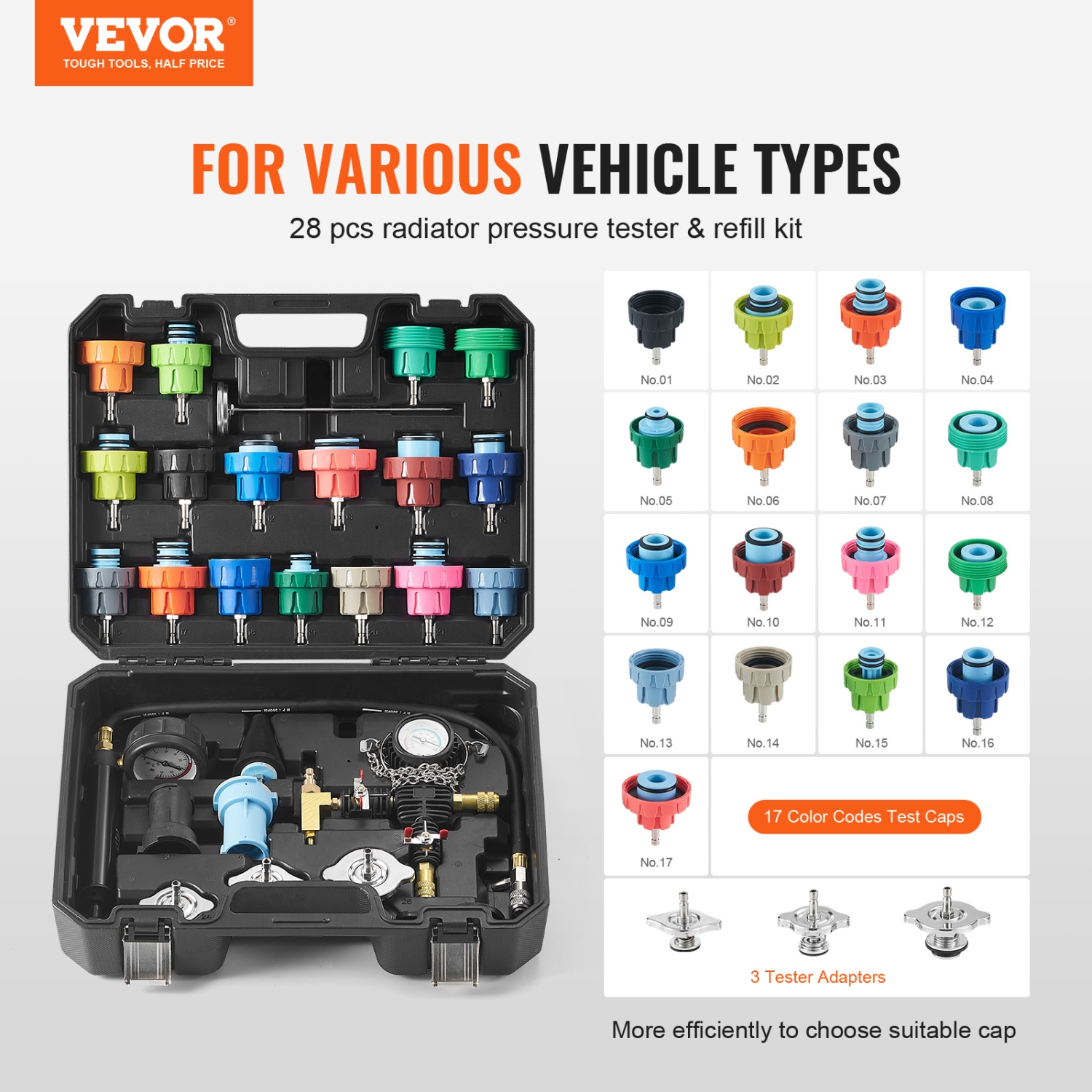 VEVOR 28 pcs Universal Radiator Pressure Tester Kit, Coolant Pressure Tester Kit with Pump and Color-coded Test Caps, Coolant Vacuum Refill kit for