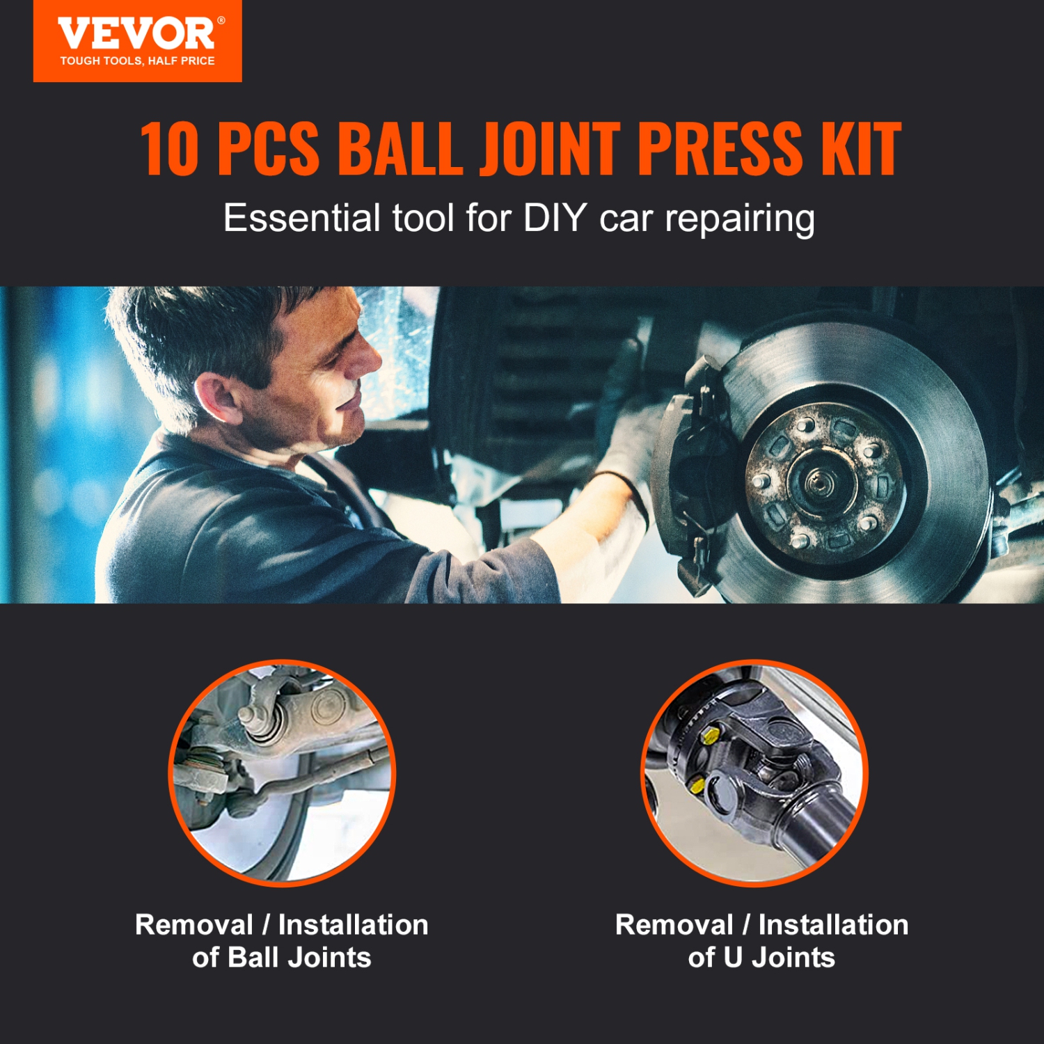 VEVOR 10 pcs Ball Joint Press Kit, Tool Kit, C-press Ball joint Remove and Install Tools, for Most 2WD and 4WD Cars, Heavy Duty Ball Joint Repair Kit