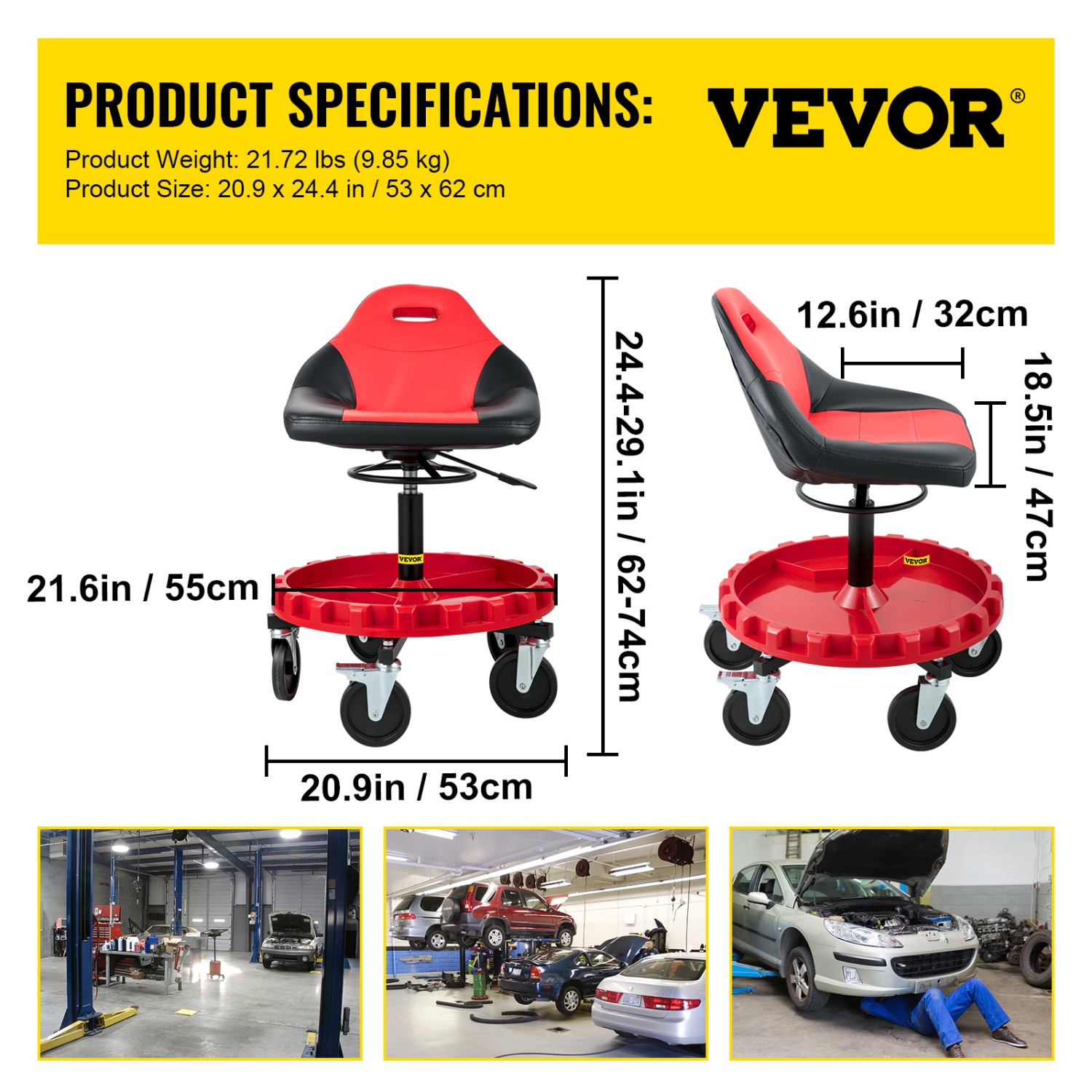 VEVOR 300LBS Capacity Rolling Garage Stool, 21"-26" Adjustable Height Range, Mechanic Seat with Swivel Casters and Tool Tray, for Workshop, Auto