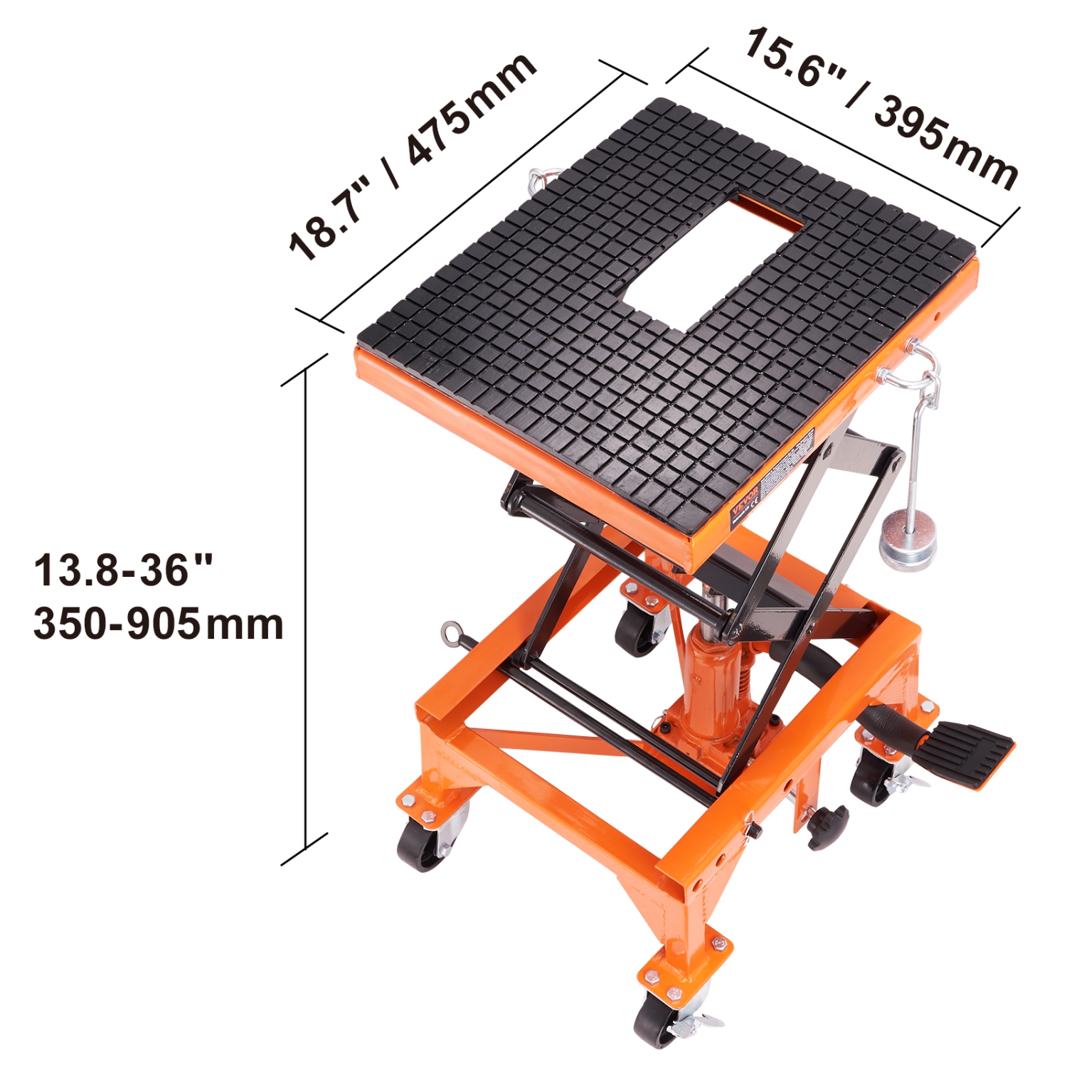 VEVOR 4 Wheels Hydraulic Motorcycle Lift Table, 350 LBS Capacity Motorcycle Scissor Jack Lift with Wide Deck, J-hooks, Hydraulic Foot-Operated Jack