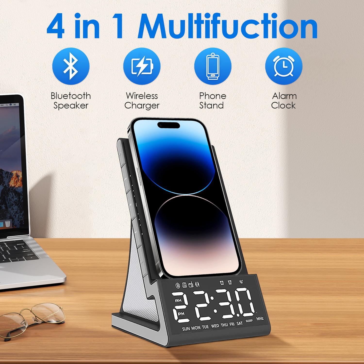 Réveil avec chargement sans fil pour les chambres avec haut-parleur Bluetooth, radio FM, chargeur rapide Qi compatible avec iPhone 17/16/15/14 et