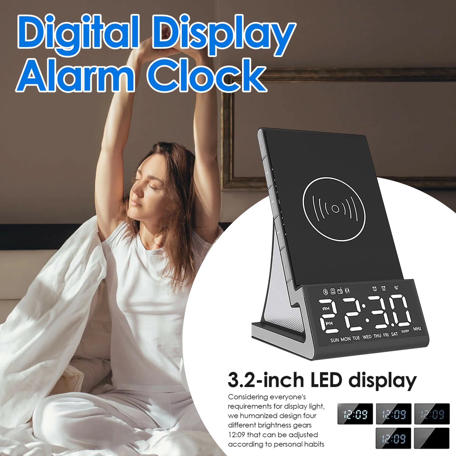 Réveil avec chargement sans fil pour les chambres avec haut-parleur Bluetooth, radio FM, chargeur rapide Qi compatible avec iPhone 17/16/15/14 et