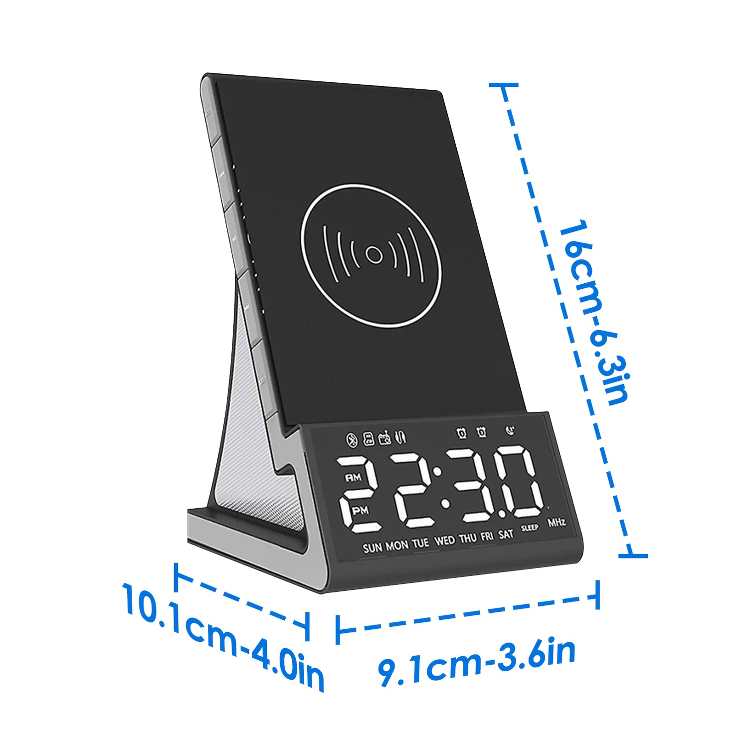 Réveil avec chargement sans fil pour les chambres avec haut-parleur Bluetooth, radio FM, chargeur rapide Qi compatible avec iPhone 17/16/15/14 et