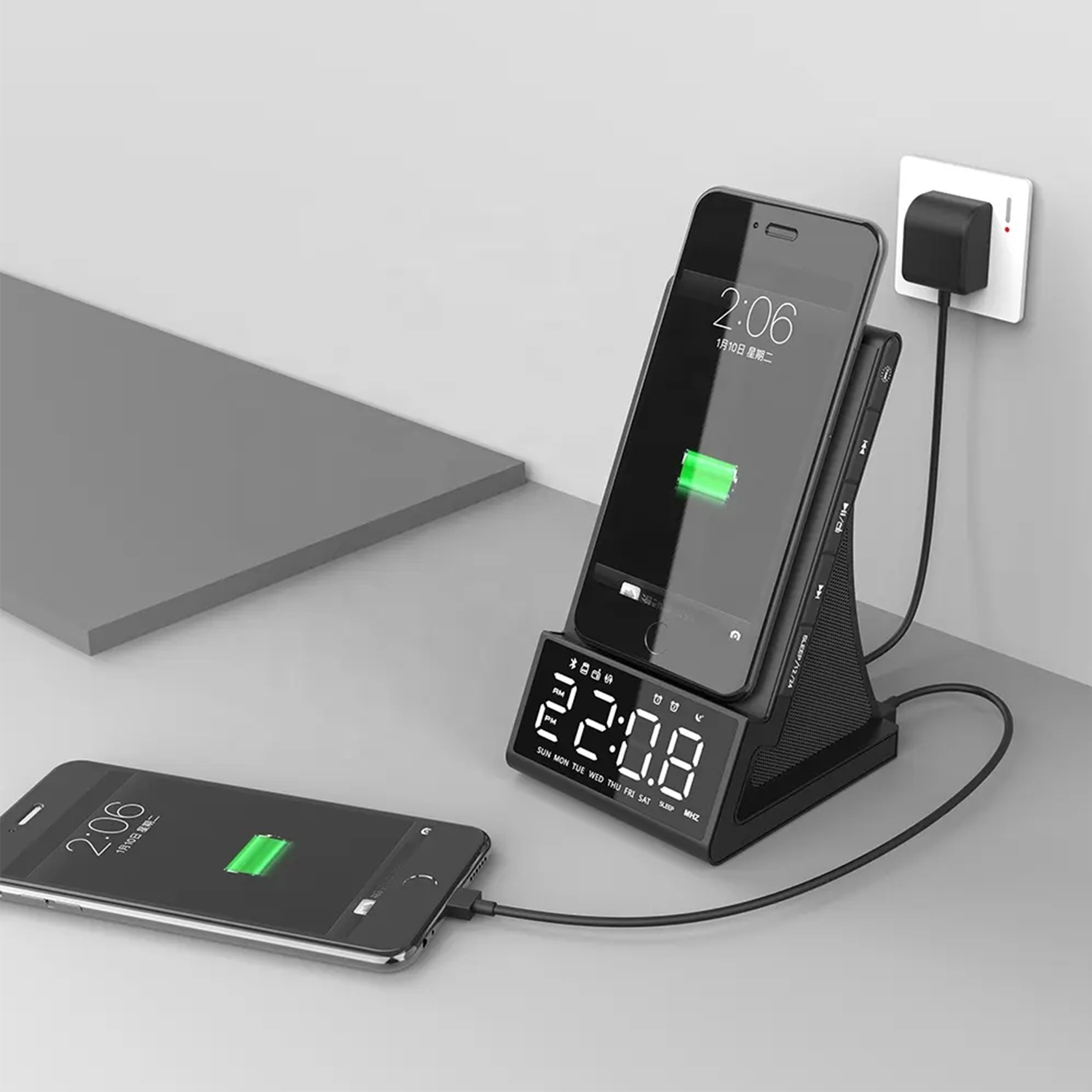 Réveil avec chargement sans fil pour les chambres avec haut-parleur Bluetooth, radio FM, chargeur rapide Qi compatible avec iPhone 17/16/15/14 et