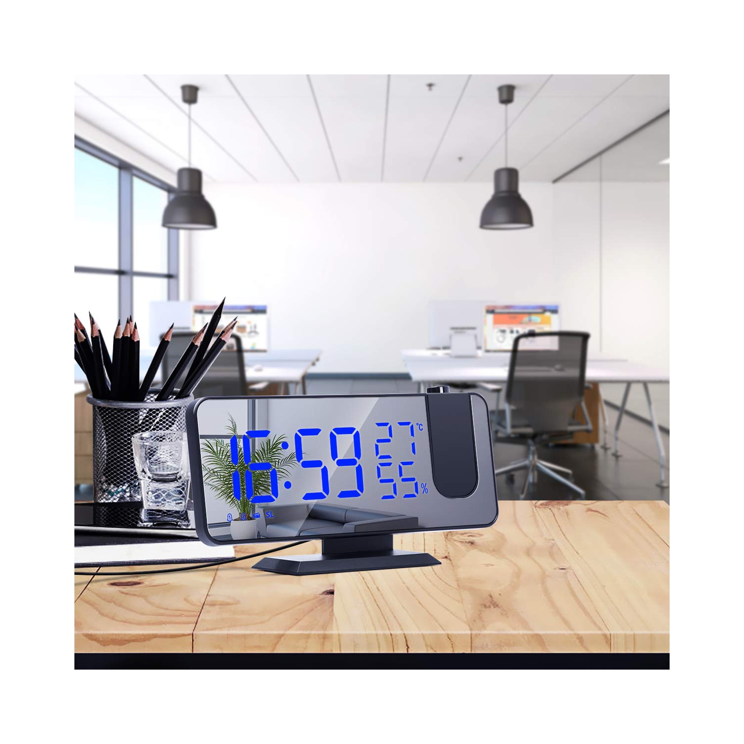 Réveil-matin à projection , Radio-réveil numérique à 4 gradateurs et rotation à 180° et 2 sons 7,3&nbsp;po grand miroir noir-bleu