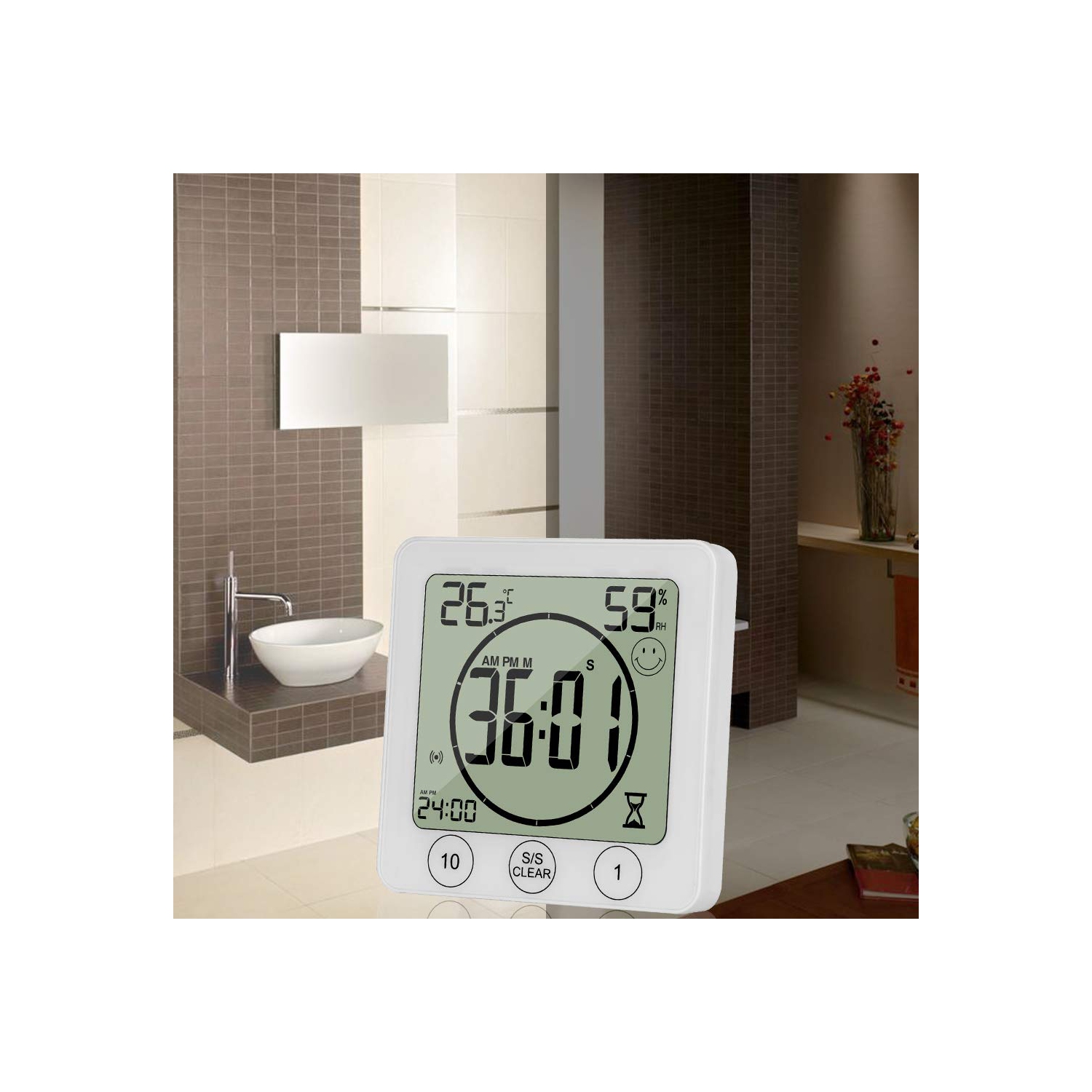 Shower Wall Clock, Digital Kitchen Timer with Alarm, Waterproof Touch Screen Timer, Temperature Humidity Display with Suction Cup Hanging Hole