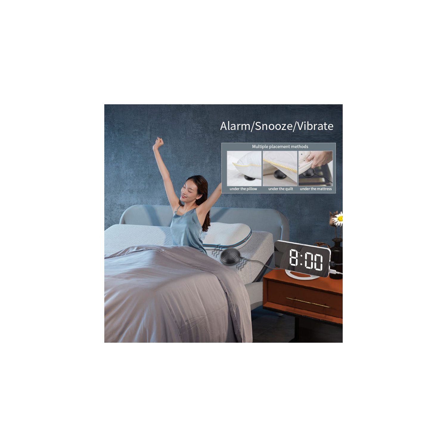 Réveille-matin vibrant à grand écran,Réveil à miroir numérique avec luminosité réglable, mode de rappel d'alarme pour les personnes dormant