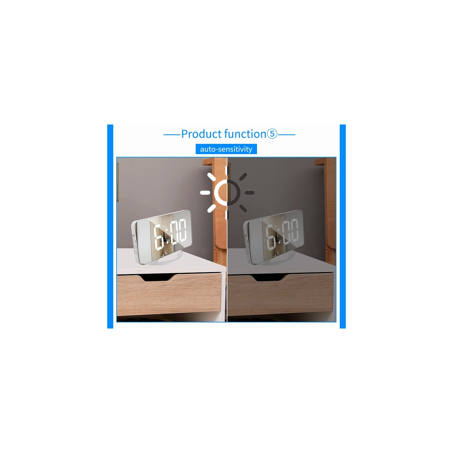 Réveille-matin vibrant à grand écran,Réveil à miroir numérique avec luminosité réglable, mode de rappel d'alarme pour les personnes dormant