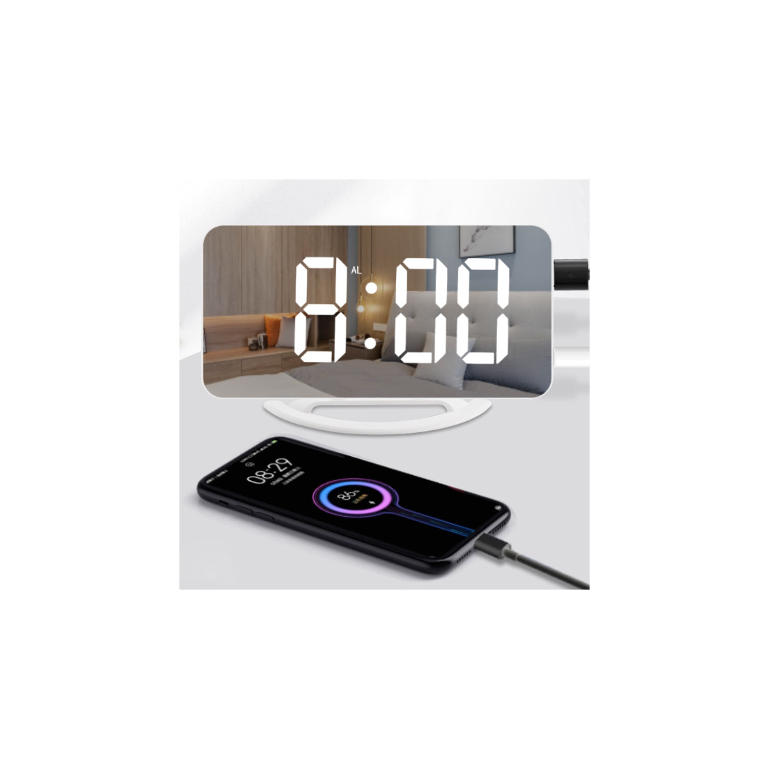 Réveille-matin vibrant à grand écran,Réveil à miroir numérique avec luminosité réglable, mode de rappel d'alarme pour les personnes dormant