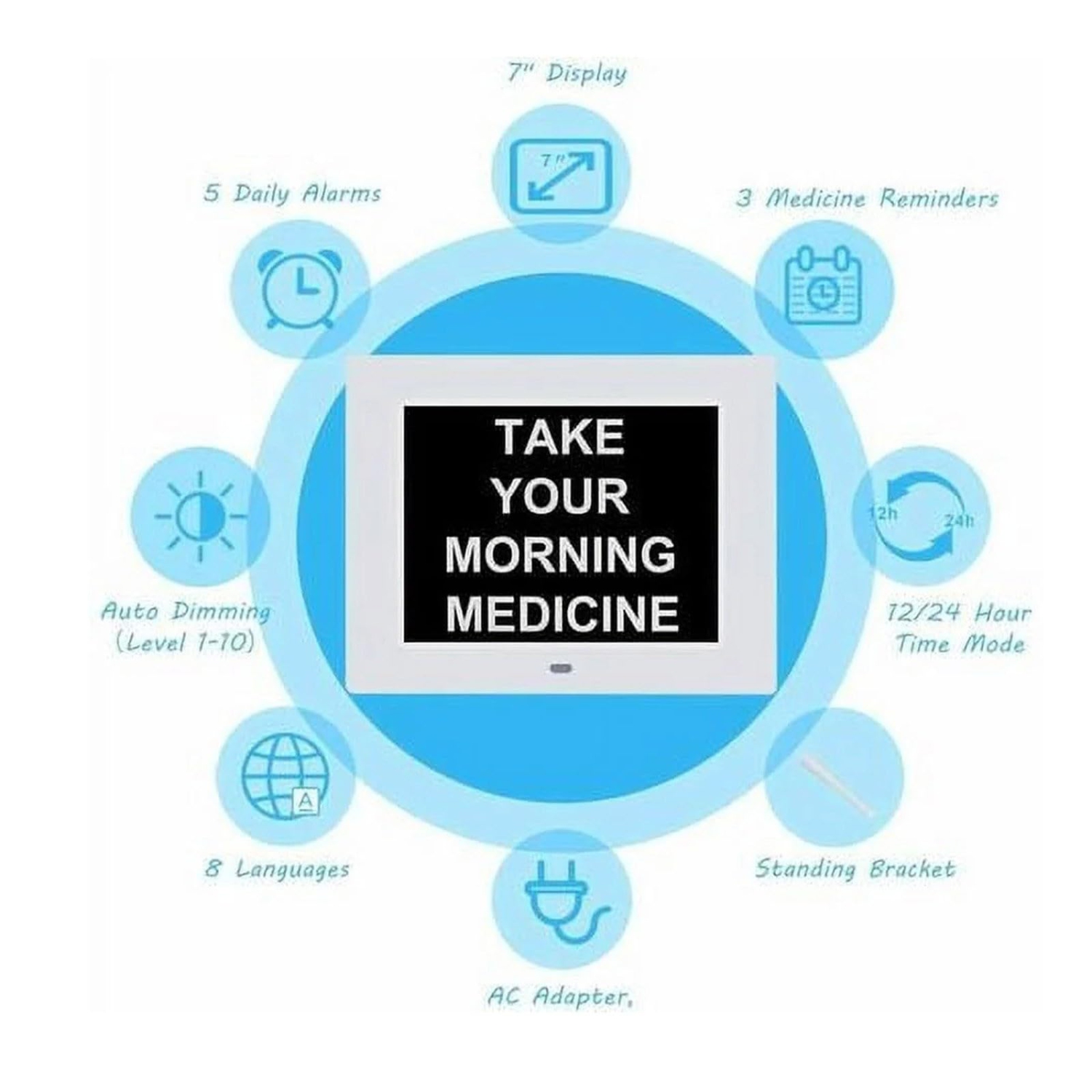 Horloge de 7&nbsp;po avec jour et date pour personnes âgées Horloge numérique grand écran, Réveil-matin pour personnes âgées Blanc