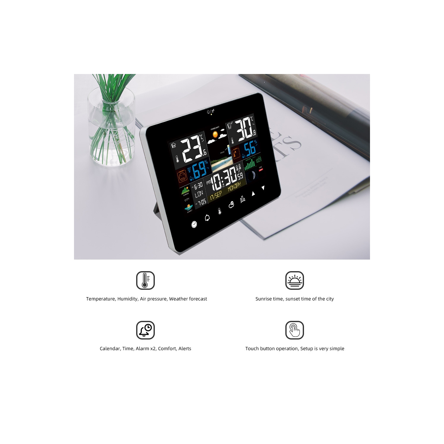 Station météorologique intérieure sans fil extérieure, station météorologique à domicile, affichage couleur, prévisions météorologiques numériques,