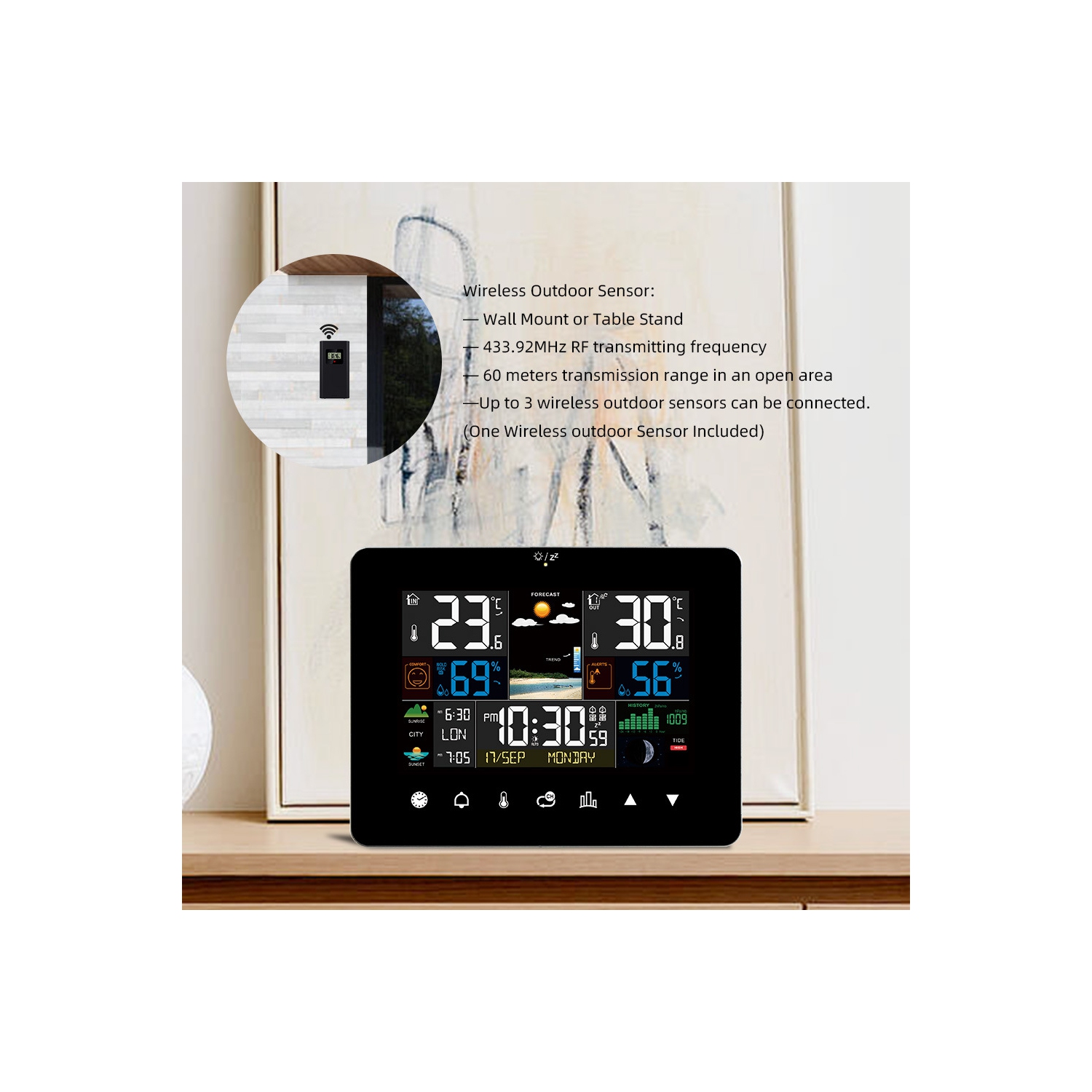 Station météorologique intérieure sans fil extérieure, station météorologique à domicile, affichage couleur, prévisions météorologiques numériques,