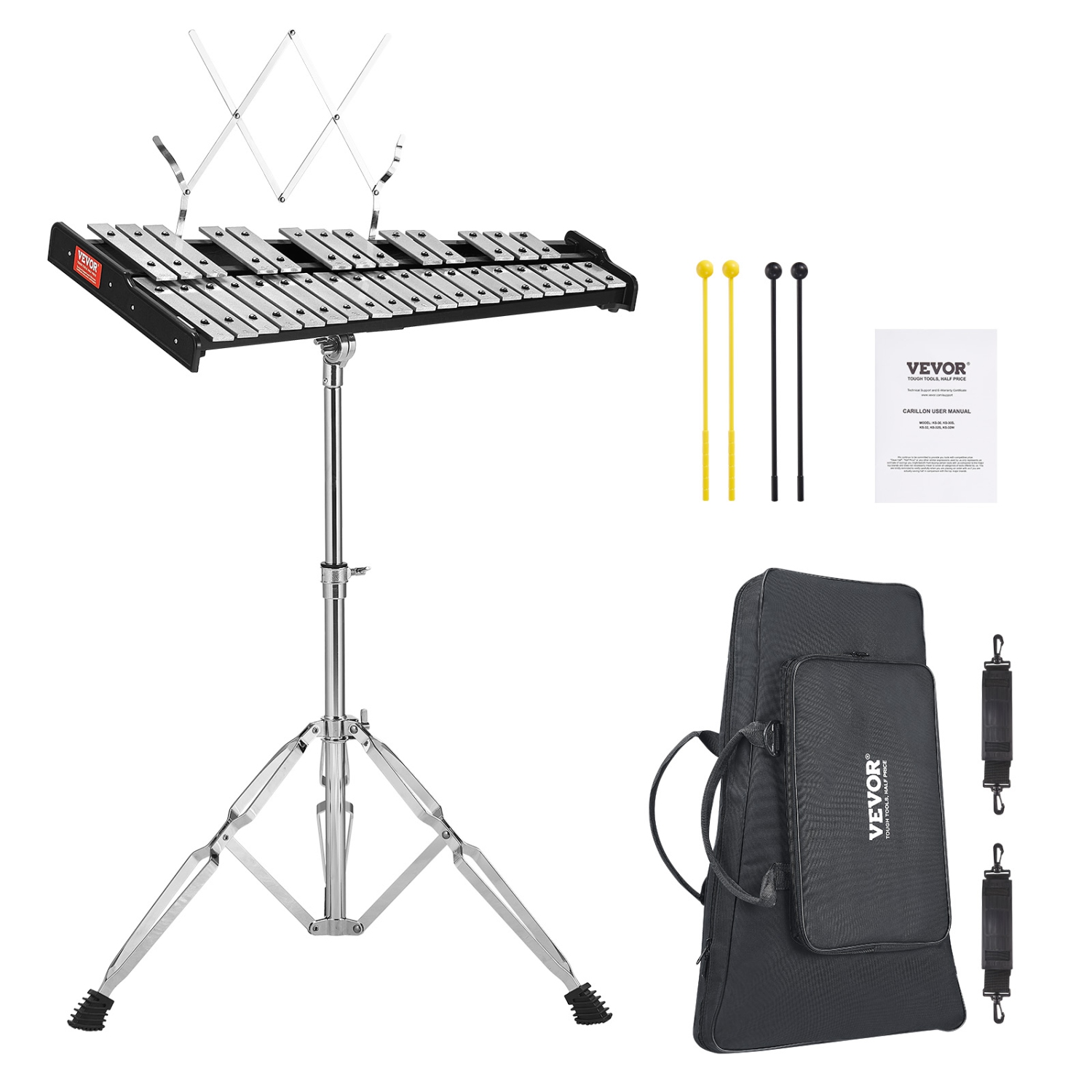 VEVOR 32 Note Glockenspiel Xylophone Bell Kit, Professional Percussion Instrument Set with Mallets, Drum Sticks, Music Stand, Adjustable Stand and