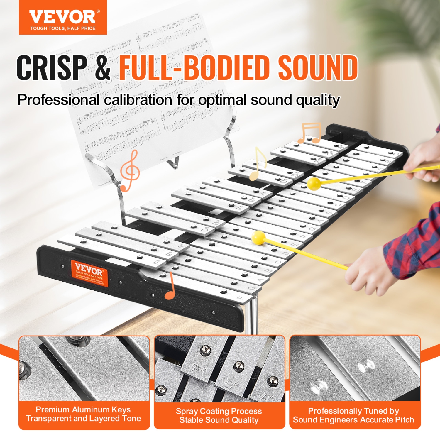 VEVOR 32 Note Glockenspiel Xylophone Bell Kit, Professional Percussion Instrument Set with Mallets, Drum Sticks, Music Stand, Adjustable Stand and