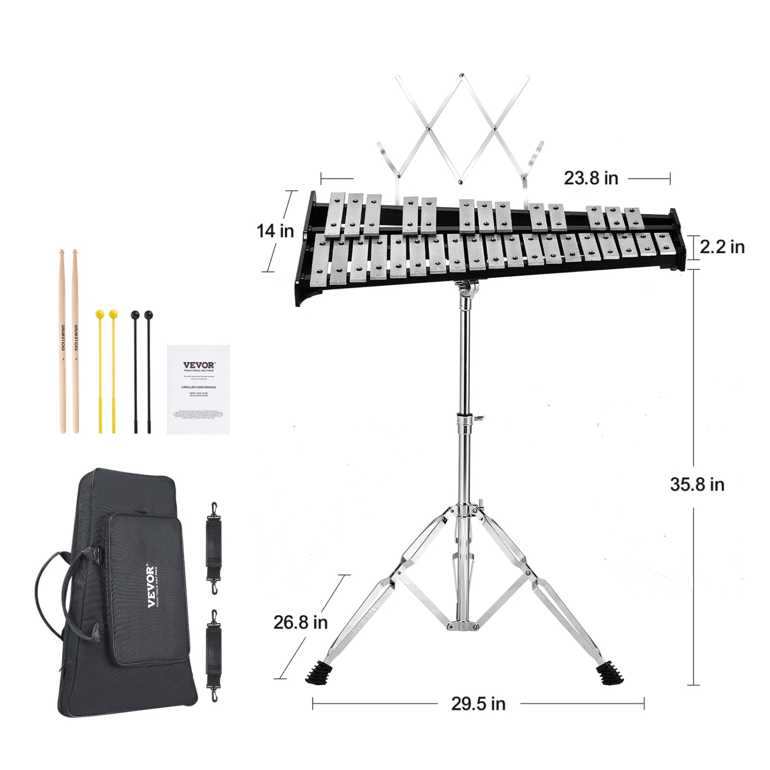 VEVOR 32 Note Glockenspiel Xylophone Bell Kit, Professional Percussion Instrument Set with Mallets, Drum Sticks, Music Stand, Adjustable Stand and