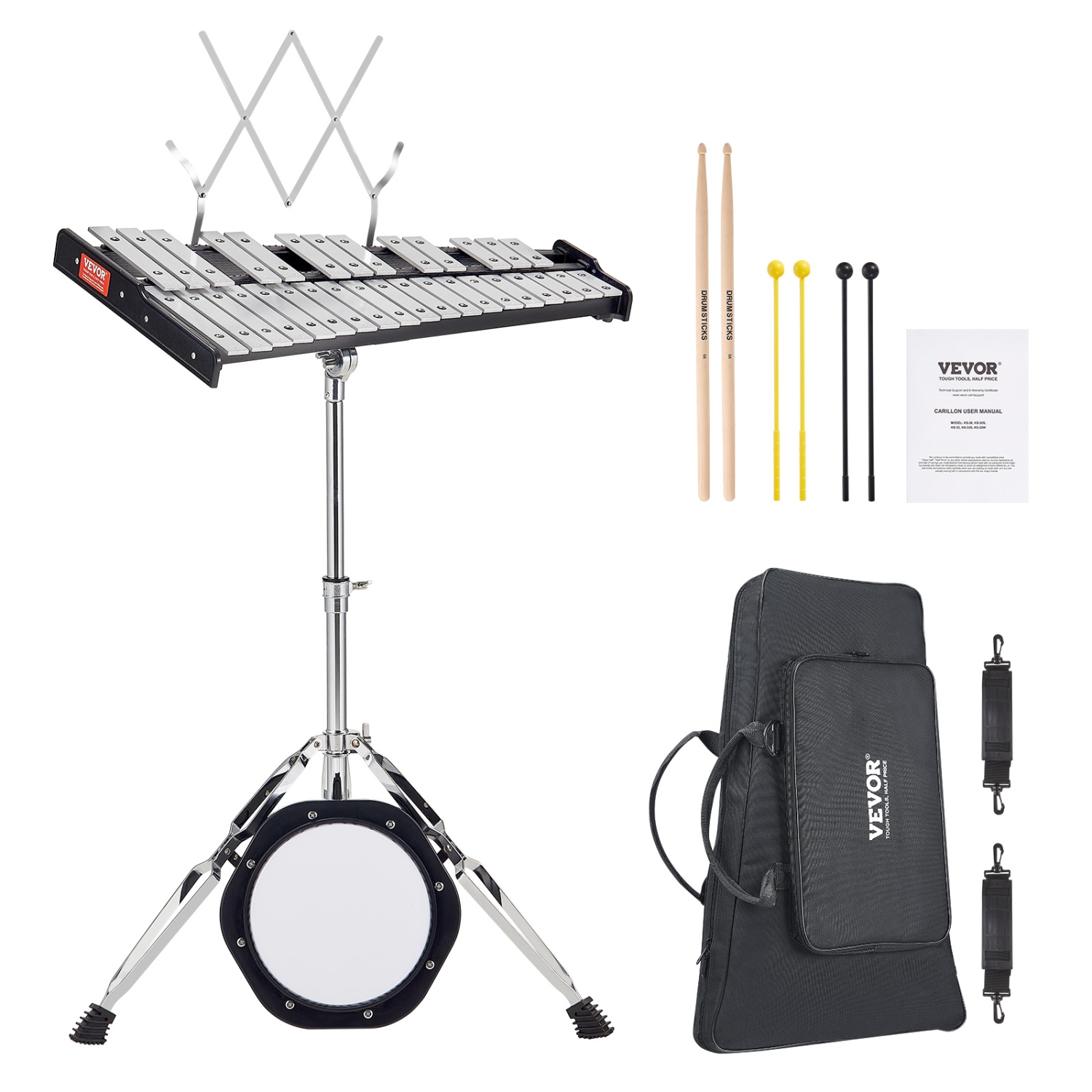 VEVOR 32 Note Glockenspiel Xylophone Bell Kit, Professional Percussion Instrument Set with Mallets, Drum Sticks, Music Stand, 8" Practice Pad,