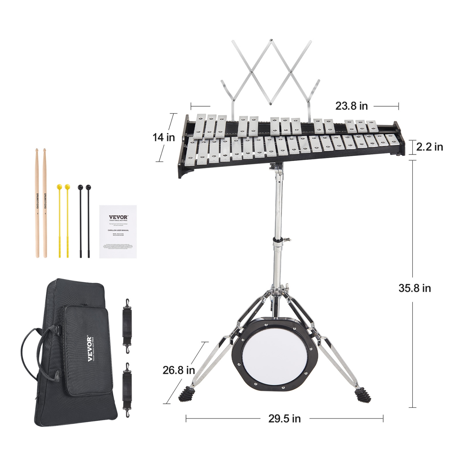VEVOR 32 Note Glockenspiel Xylophone Bell Kit, Professional Percussion Instrument Set with Mallets, Drum Sticks, Music Stand, 8" Practice Pad,