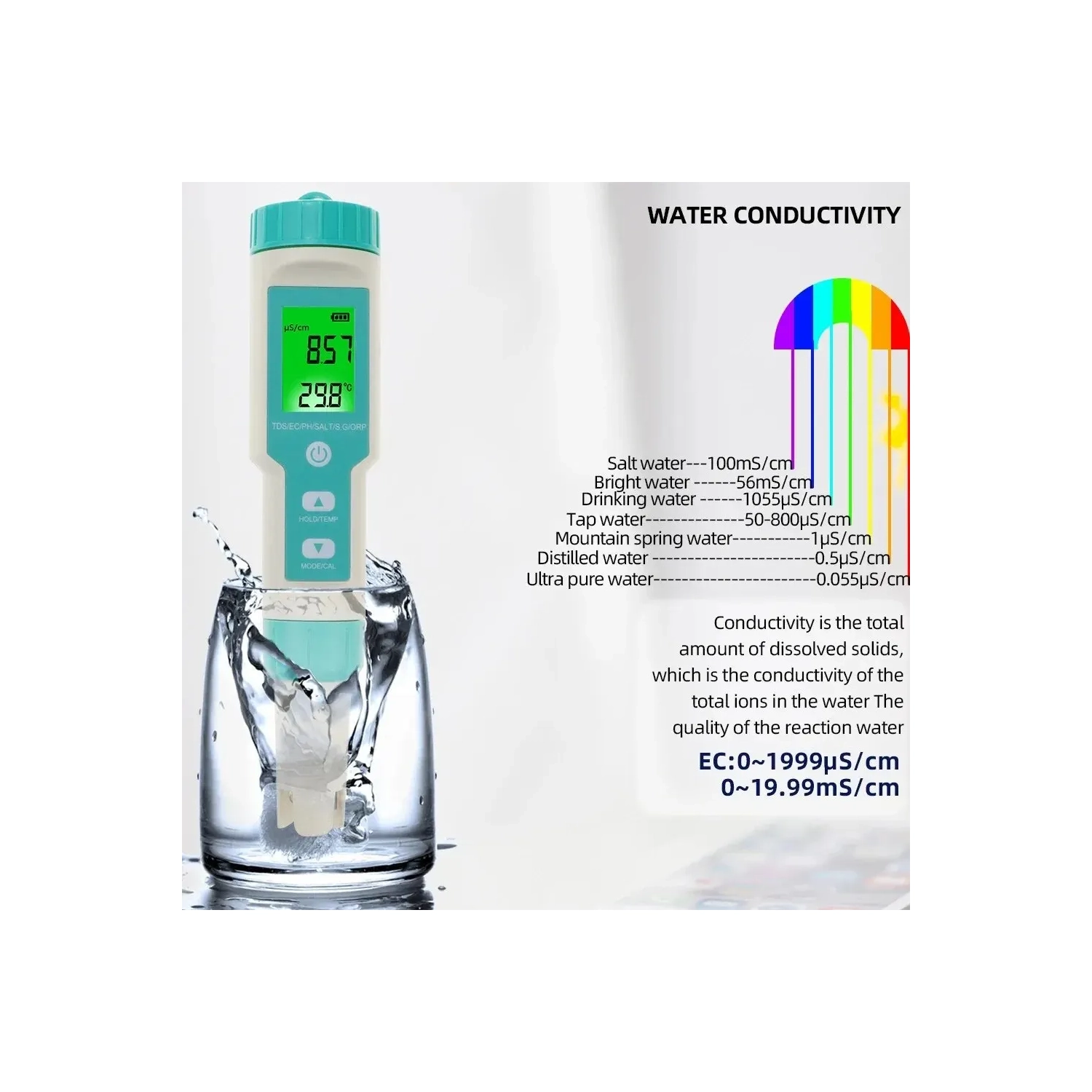 7 en 1 PH TDS EC ORP Salinity S. G Temp Meter Water Quality Monitor Testeur IP67 pour l'eau potable, l'hydroponie, les plantes, l'aquarium et la