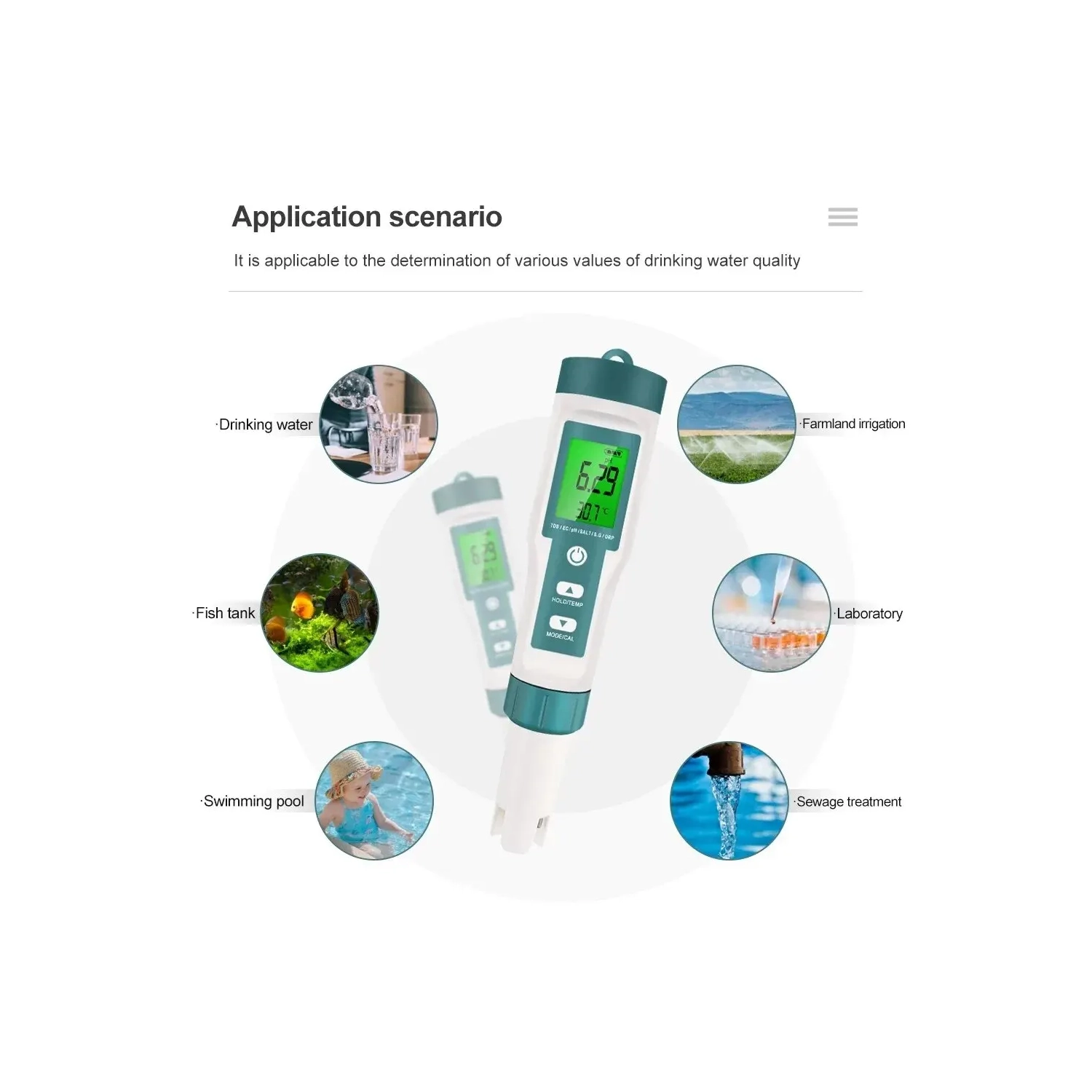 7 en 1 PH TDS EC ORP Salinity S. G Temp Meter Water Quality Monitor Testeur IP67 pour l'eau potable, l'hydroponie, les plantes, l'aquarium et la