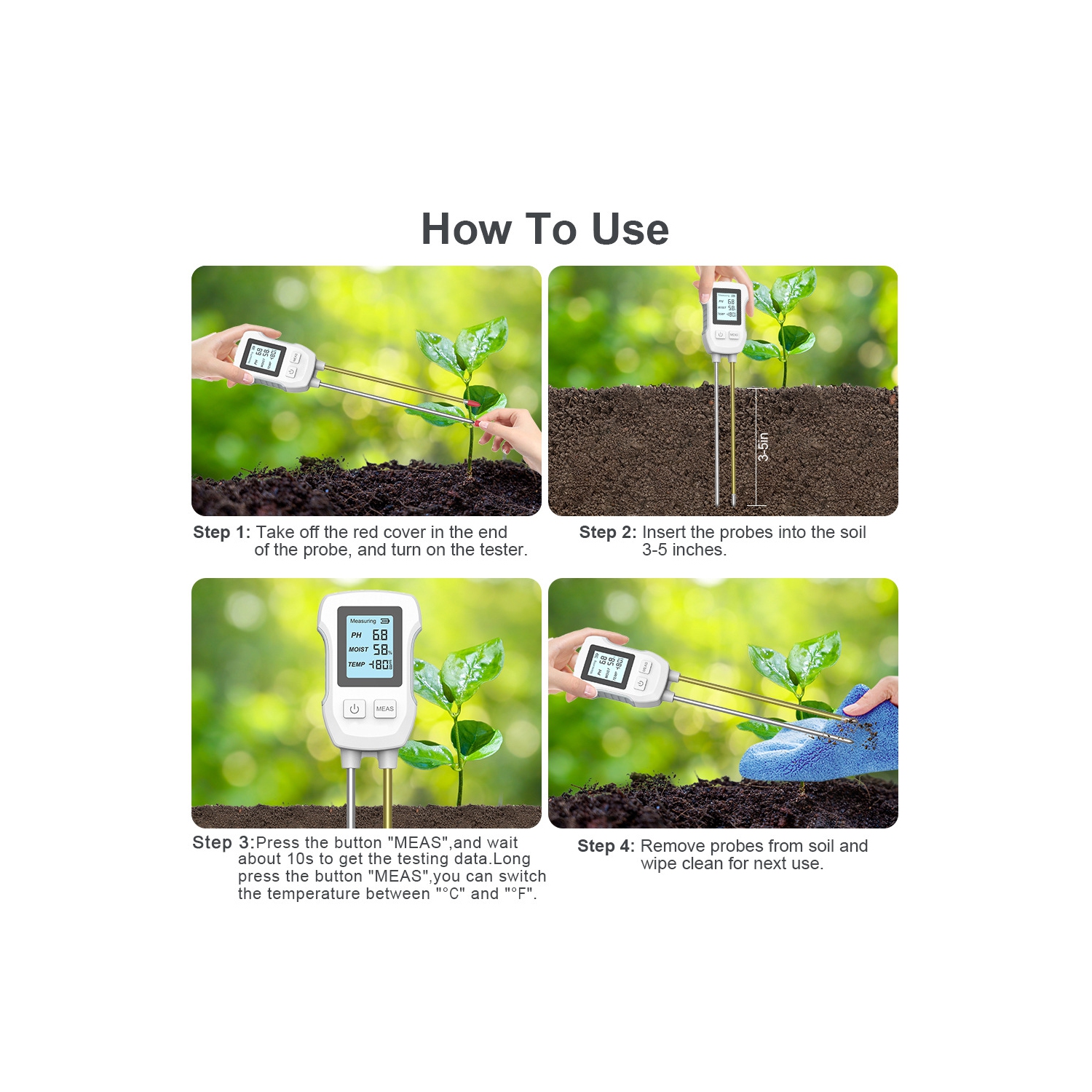 Analyseur numérique de saleté 3-en-1 - Détecteur de pH, de température et d'humidité pour vergers et plantes en pot, batterie non incluse, compteur