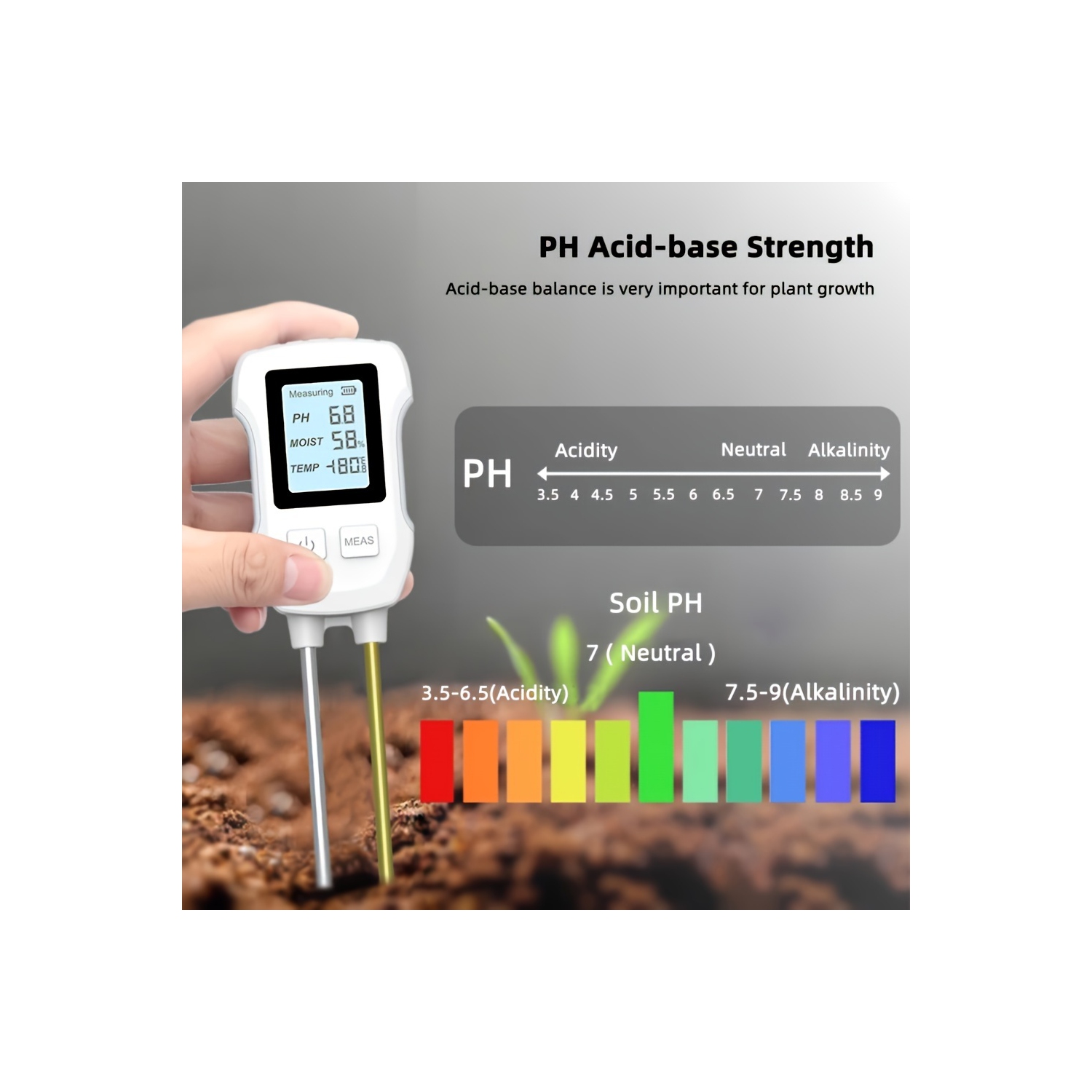 Analyseur numérique de saleté 3-en-1 - Détecteur de pH, de température et d'humidité pour vergers et plantes en pot, batterie non incluse, compteur